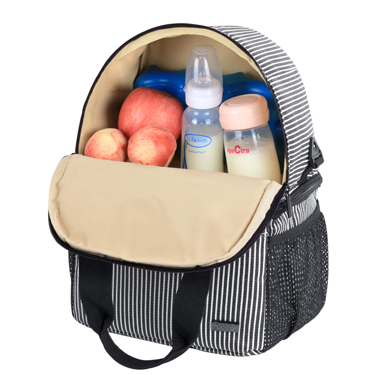 Teamoy Breast Pump Tote with Cooler Compartment for Milk Bottles and More, Double Layer Pumping Bag for Working Moms, Black and White Stripes