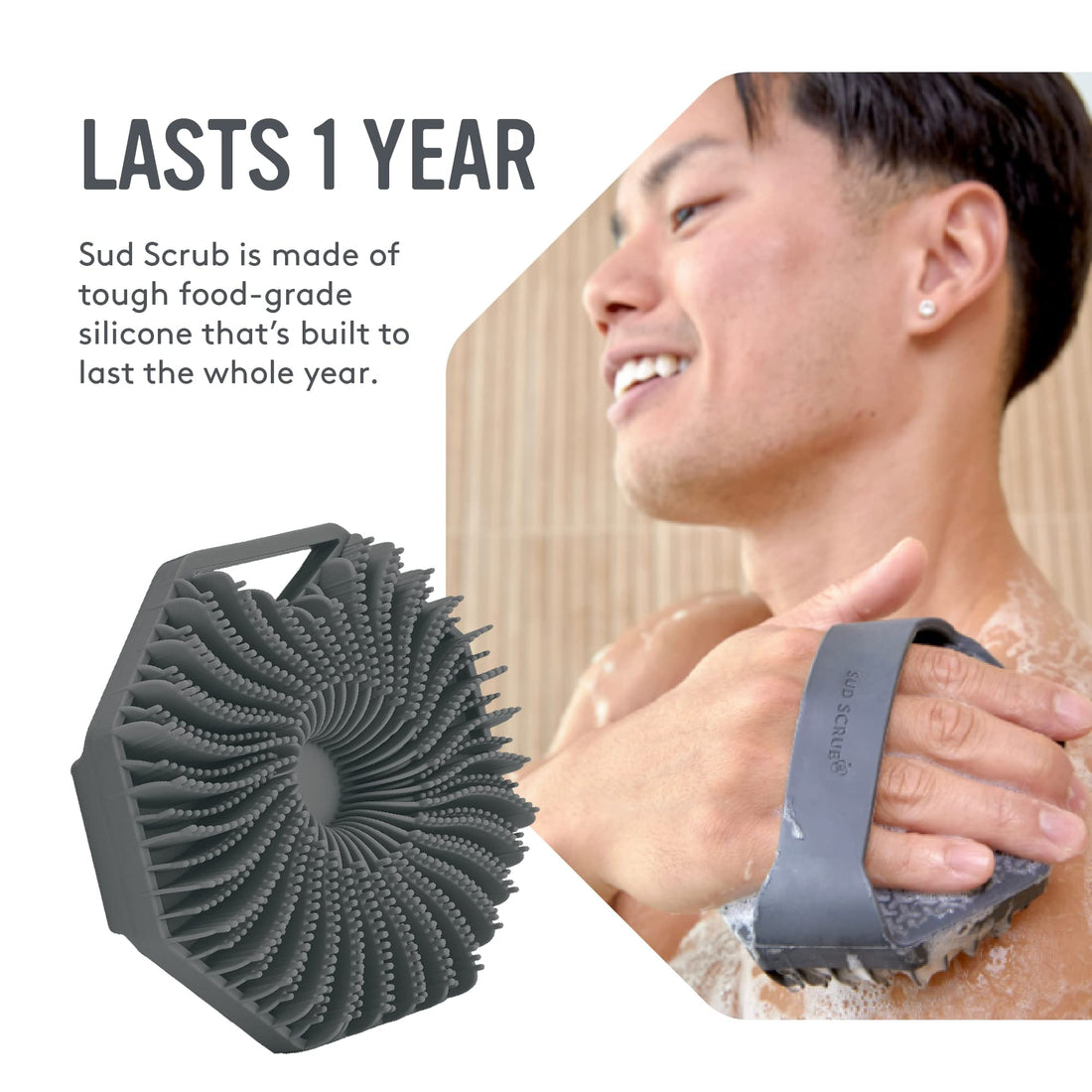 Sud Scrub® Antimicrobial Silicone Body Scrubber, Exfoliating Body Scrubber for Sensitive Skin, Eco Friendly Shower Scrubber for Body, Silicone Body Brush for Showering, Charcoal