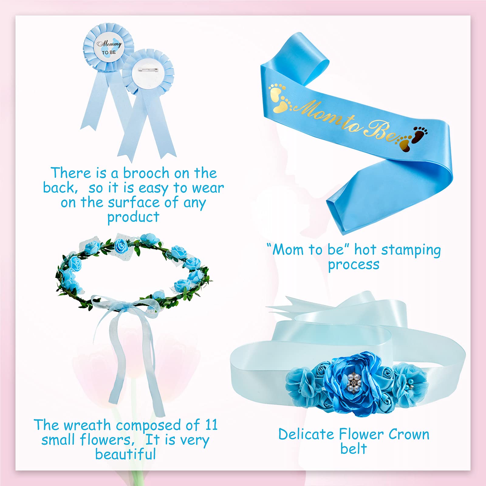 Xinnun 5 Pcs Baby Shower Maternity Sash Kit Shoulder Sash and Pin Daddy Corsages Flower Crown Pregnancy Sash Rose Wreath Headdress for Baby Shower Pregnancy Parents Prop Present Party Favor(Blue)