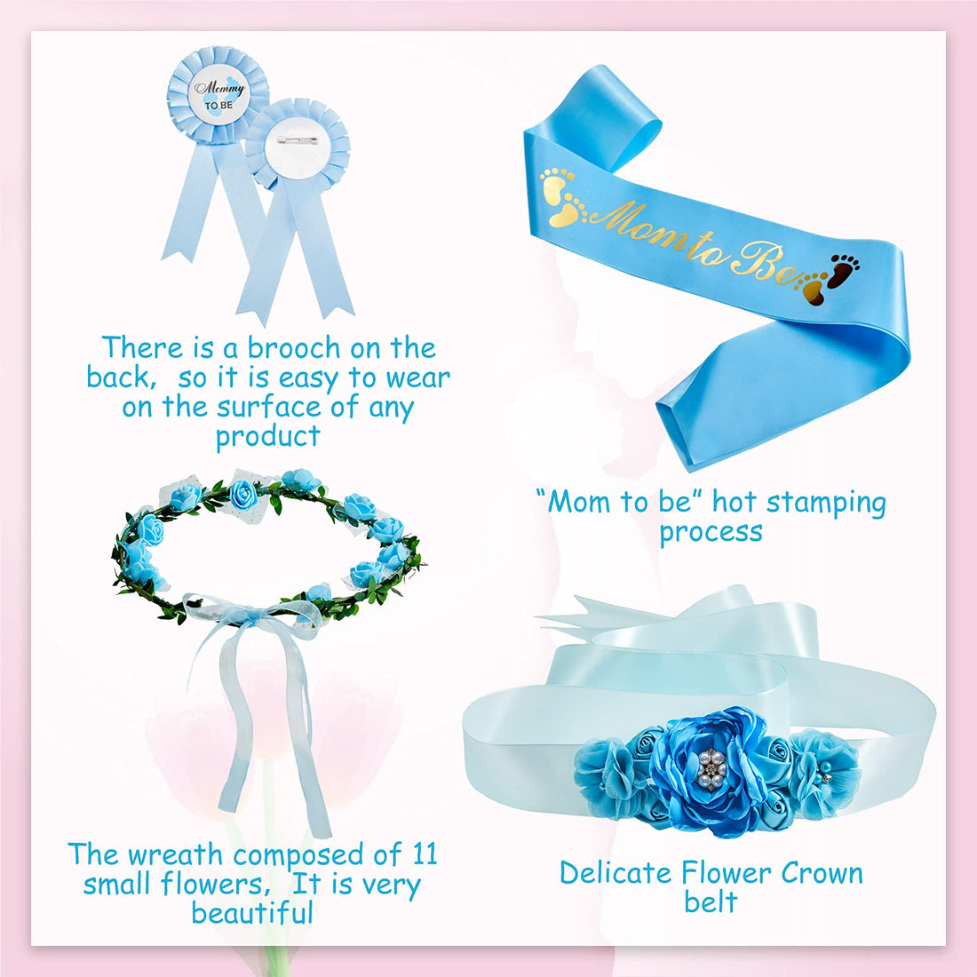 Xinnun 5 Pcs Baby Shower Maternity Sash Kit Shoulder Sash and Pin Daddy Corsages Flower Crown Pregnancy Sash Rose Wreath Headdress for Baby Shower Pregnancy Parents Prop Present Party Favor(Blue)