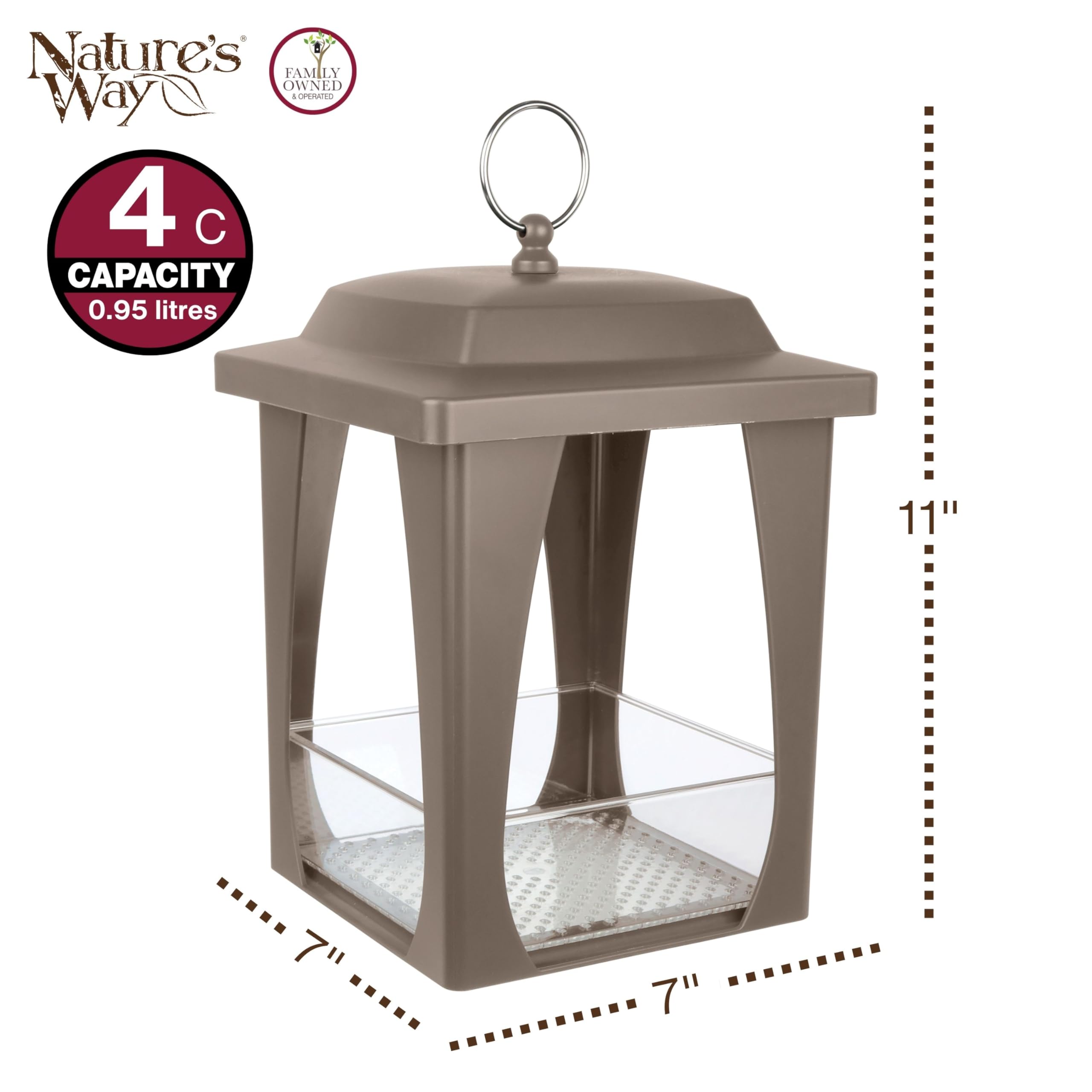 Nature's Way Dine-in Hanging Plastic Fly Through Bird Feeder with Roof, 4 Cup, Easy to Clean and Fill, Wild Bird Feeder and Outdoor Décor, Tan