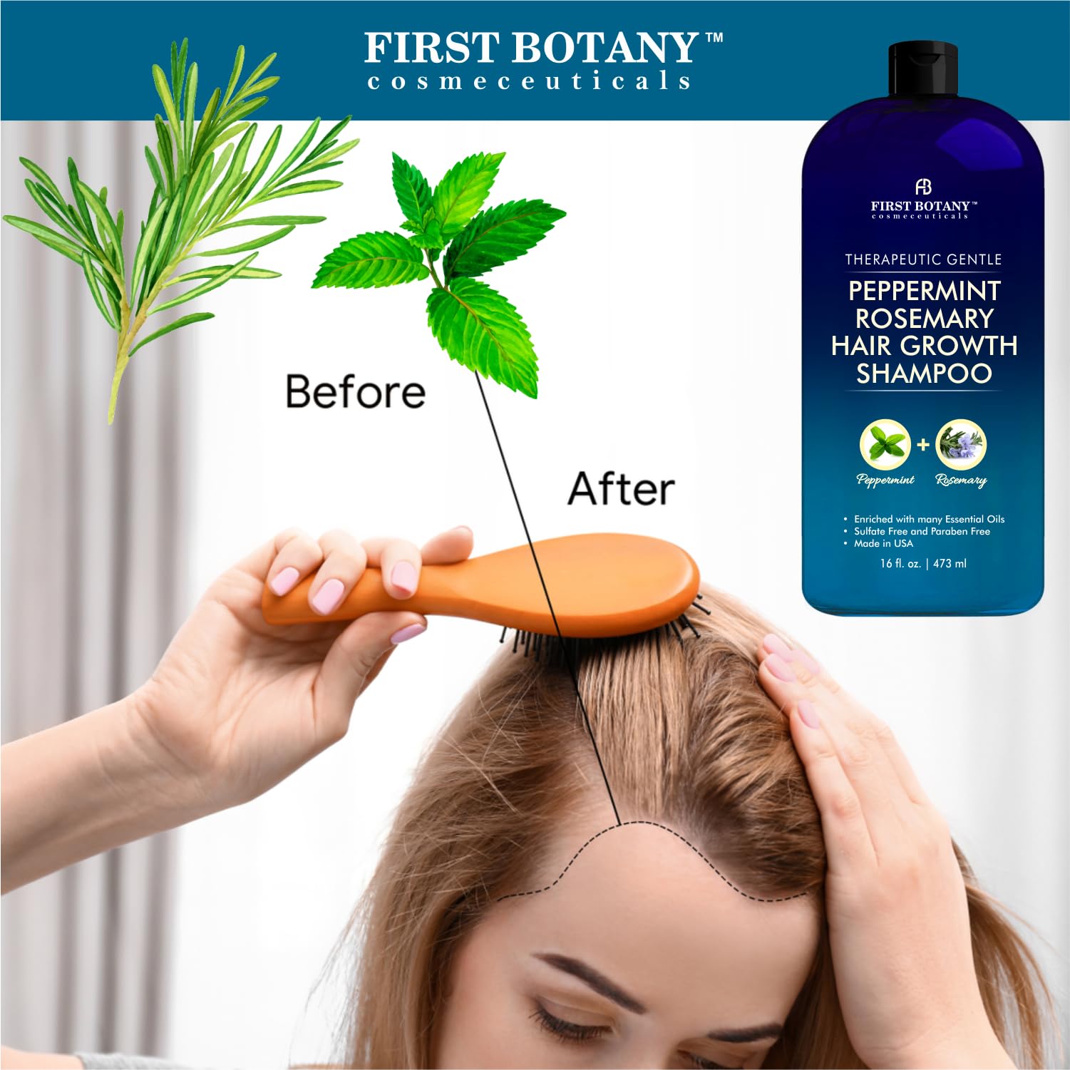 Peppermint Rosemary Hair Regrowth Shampoo - Anti Hair Loss product, Daily Hydrating, Detoxifying, Volumizing Shampoo and Fights Dandruff For Men and Women 16 fl oz