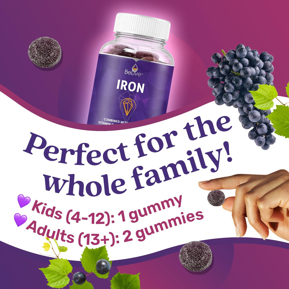 BeLive Iron Gummies - Multivitamin Supplement with Vitamin C, A, B & Zinc, Supports Blood Oxygen, Vegan Iron Supplements for Women, Men & Kids for Growth and Development - Grape Flavor | 1-Pack
