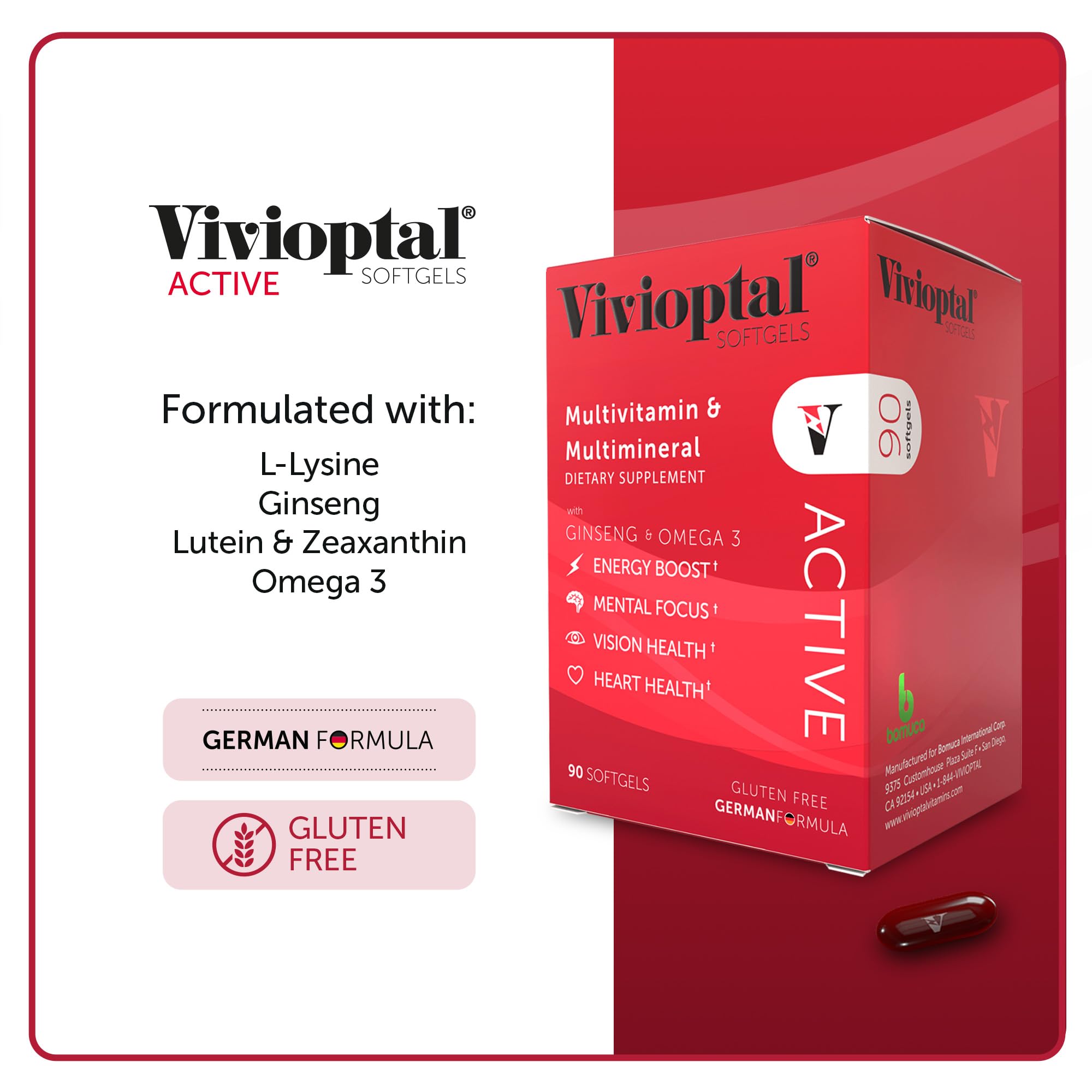 Vivioptal Active, 90 Softgels, Ginseng & Omega 3, Multivitamin & Multimineral, Gluten Free, German Formula