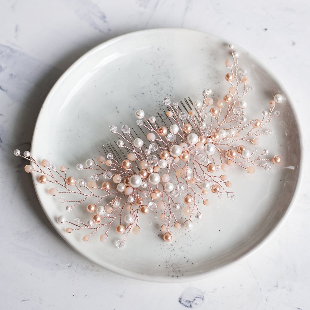 Kercisbeauty Wedding Bridal Bridesmaids Flower Girl Pink Champagne Rose Gold Beads Combs Headband Bridal Hair Comb Headpiece Long Curly Bun Hair Accessories,Wedding Hair Piece Vintage Hair Comb