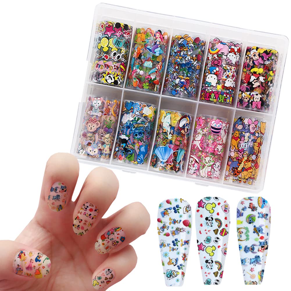 10 Rolls Cute Cartoon Nail Foil Transfer Stickers Nail Art Supplies Designer Nail Stickers Holographic Nail Art Foil Decals Cartoon Nail Designs for Women Kids Girls Acrylic Nails Decoration