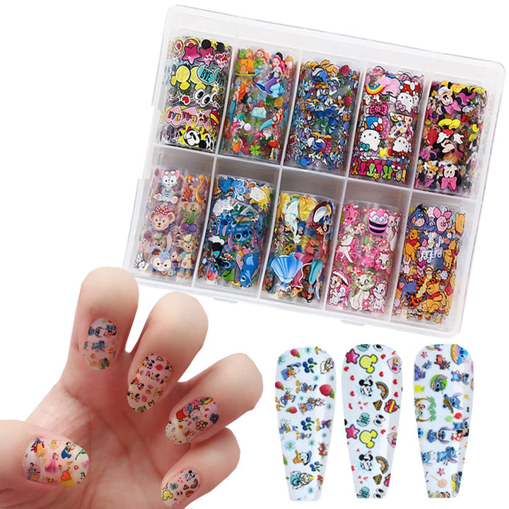 10 Rolls Cute Cartoon Nail Foil Transfer Stickers Nail Art Supplies Designer Nail Stickers Holographic Nail Art Foil Decals Cartoon Nail Designs for Women Kids Girls Acrylic Nails Decoration