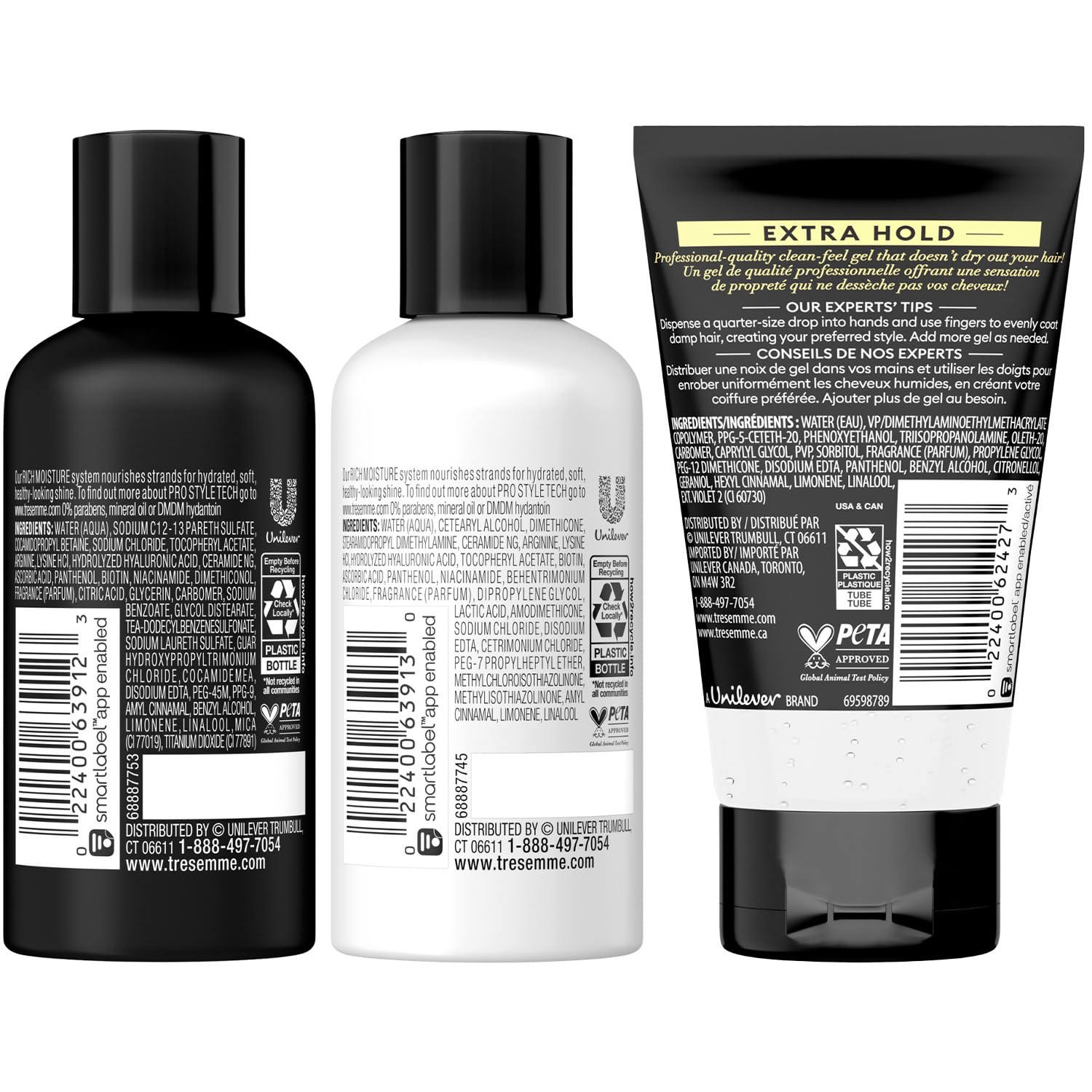 TRESemmé Travel Shampoo, Conditioner & Hair Gel – Rich Moisture Hair Products + Alcohol-Free Styling Gel, 24H Frizz Control (3 Piece Set)