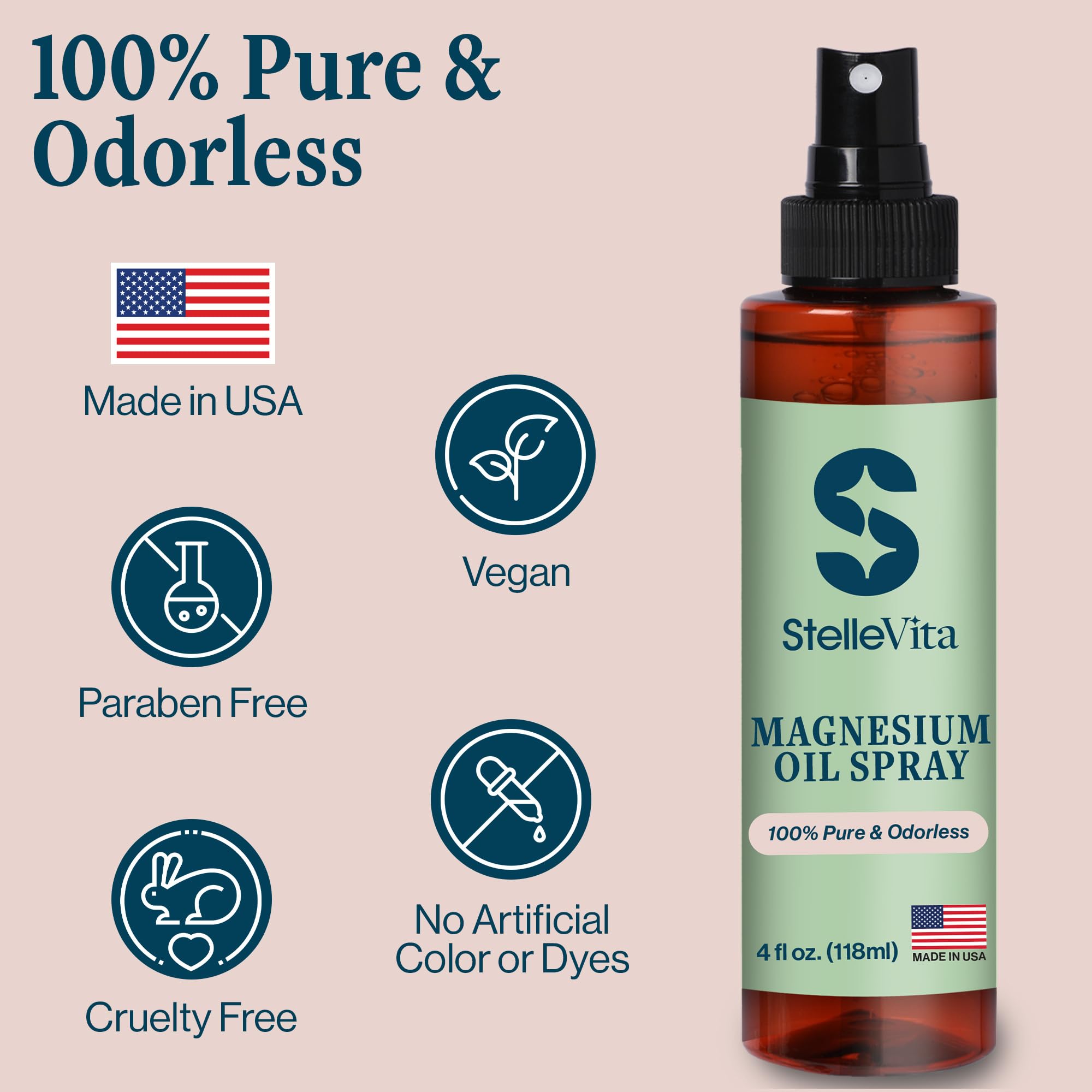 StelleVita Pure Magnesium Oil Spray 4oz - Extra Strength Topical Magnesium Spray for Feet, Body & Skin Care - Sleep and Relaxation 100% Natural Made in USA