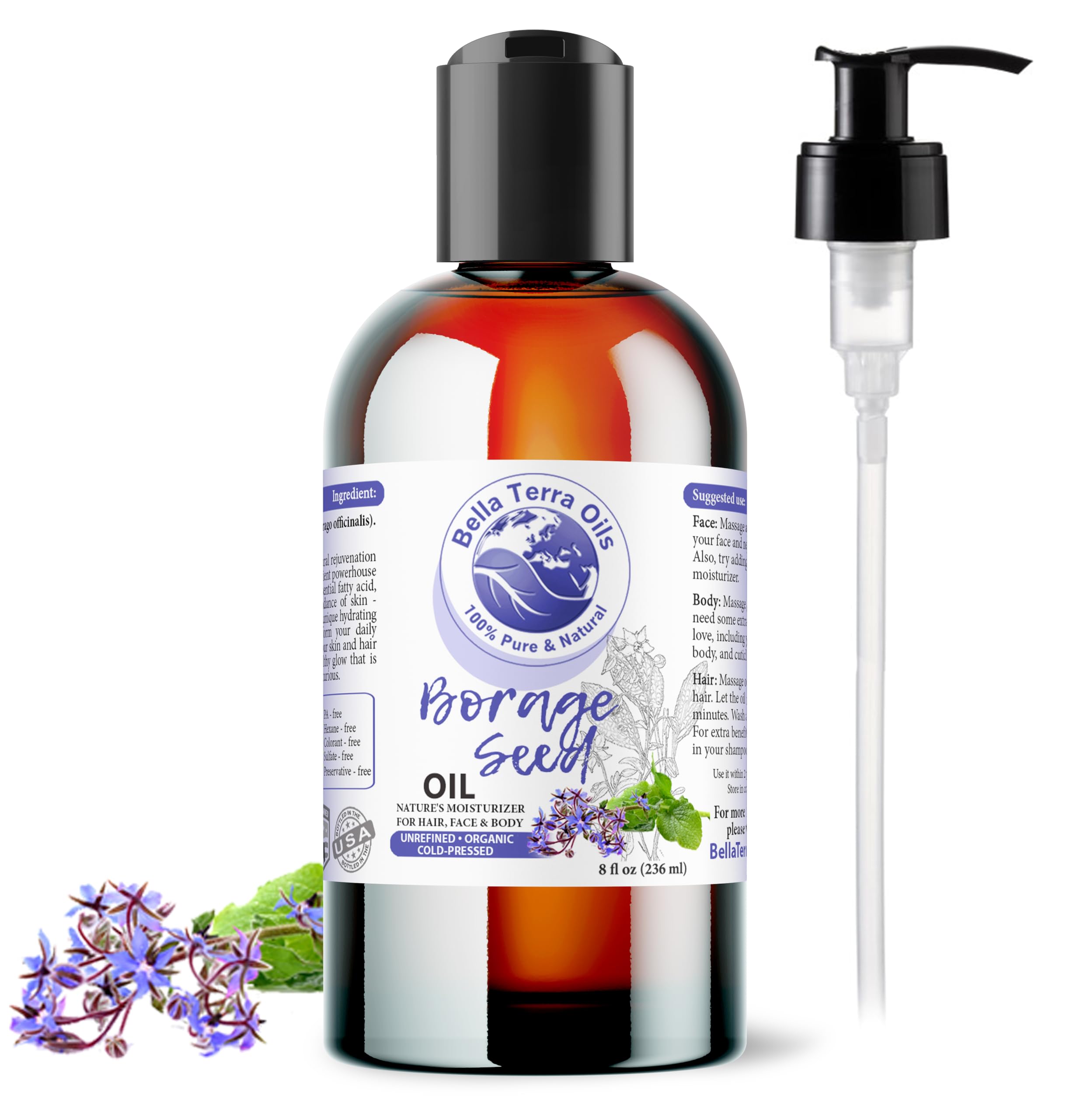 NEW Borage Seed Oil. 8oz. Cold-pressed. Unrefined. Organic. 100% Pure. PA-free. Hexane-free. GLA Oil. Natural Moisturizer. For Hair, Face, Body, Nails, Stretch Marks.