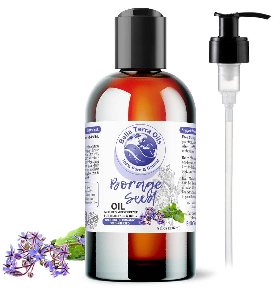 NEW Borage Seed Oil. 8oz. Cold-pressed. Unrefined. Organic. 100% Pure. PA-free. Hexane-free. GLA Oil. Natural Moisturizer. For Hair, Face, Body, Nails, Stretch Marks.