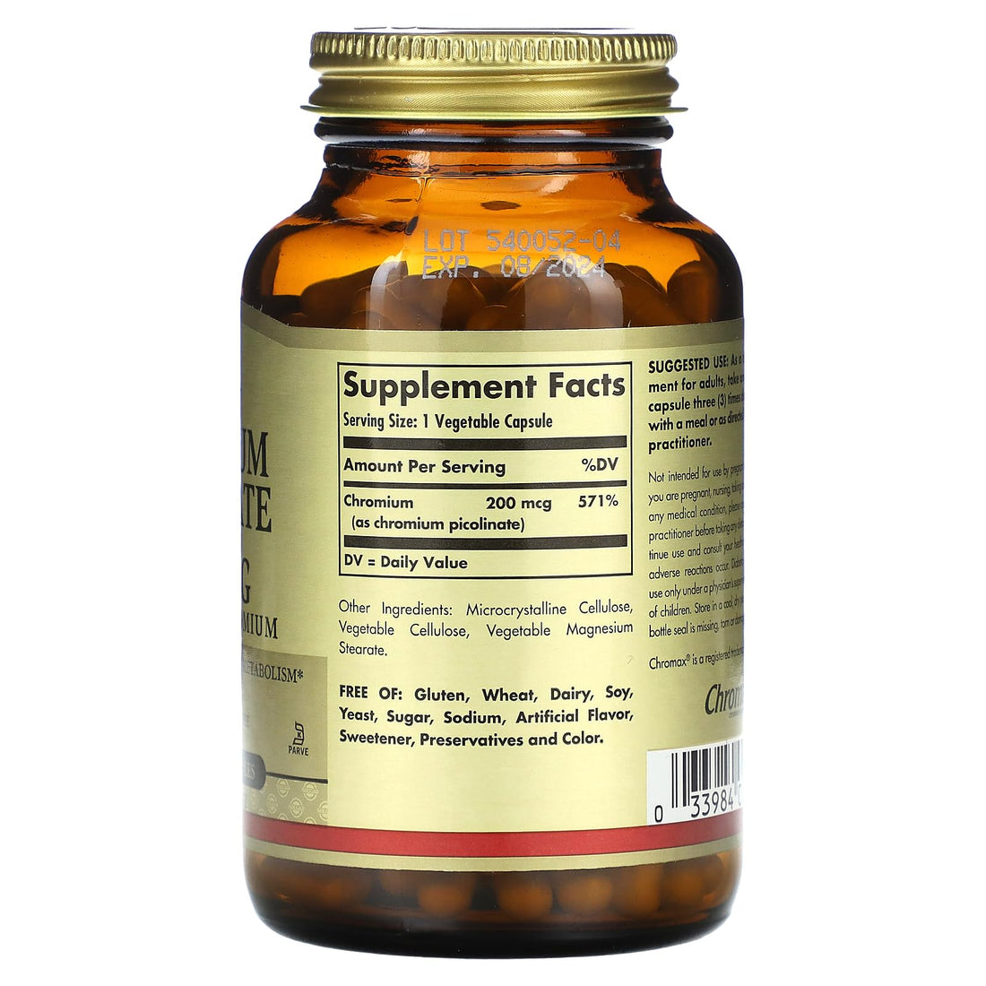 Solgar Chromium Picolinate 200 mcg, 180 Vegetable Capsules - Supports Healthy Blood Sugar Metabolism - Non-GMO, Vegan, Gluten Free, Dairy Free, Kosher - 180 Servings