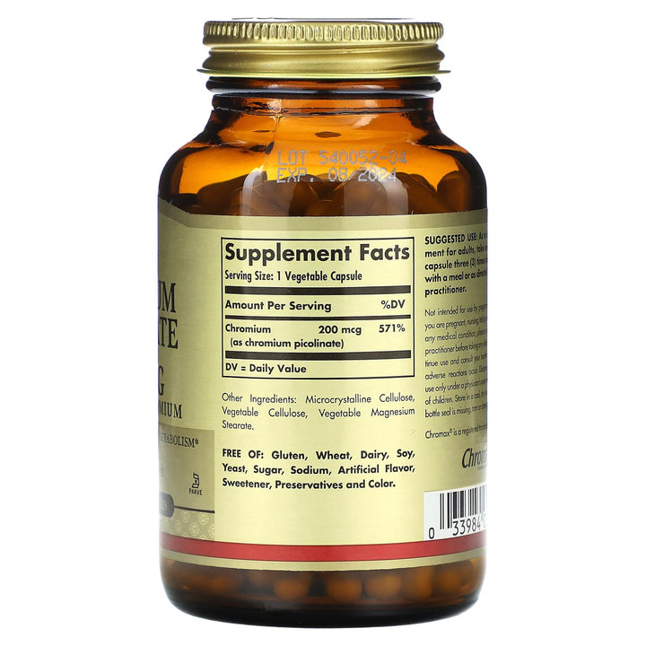 Solgar Chromium Picolinate 200 mcg, 180 Vegetable Capsules - Supports Healthy Blood Sugar Metabolism - Non-GMO, Vegan, Gluten Free, Dairy Free, Kosher - 180 Servings