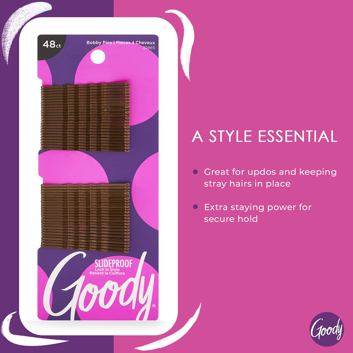 Goody SlideProof Bobby Pins - 48 Ct, Brunette Brown, High Gloss Bobby Hair Pins for Styling, Lock In Style, Comfortable, Pain-Free Hair Accessories for Women & Men, All Hair Types