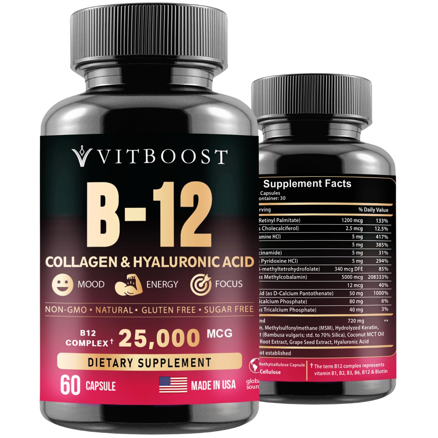 VITBOOST B12 with Hyaluronic Acid, Collagen and Folate – 25000 mcg B12 Methylcobalamin Supplement | Maximize Absorption & Energy | Gluten Free USA Made, B1, B2, B3, B6, B7 Complex - 60 Capsules