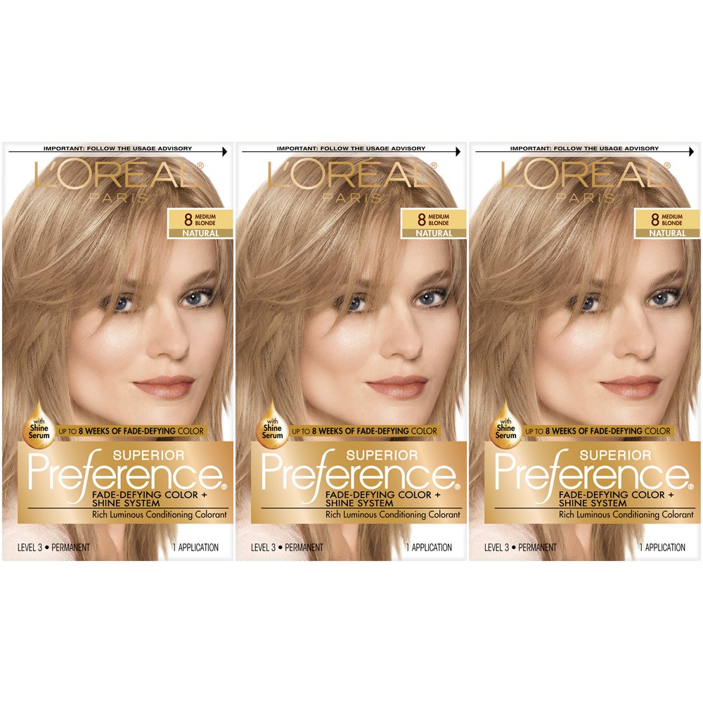L'Oreal Paris Superior Preference Fade-Defying + Shine Permanent Hair Color, 8 Medium Blonde, Pack of 3, Hair Dye