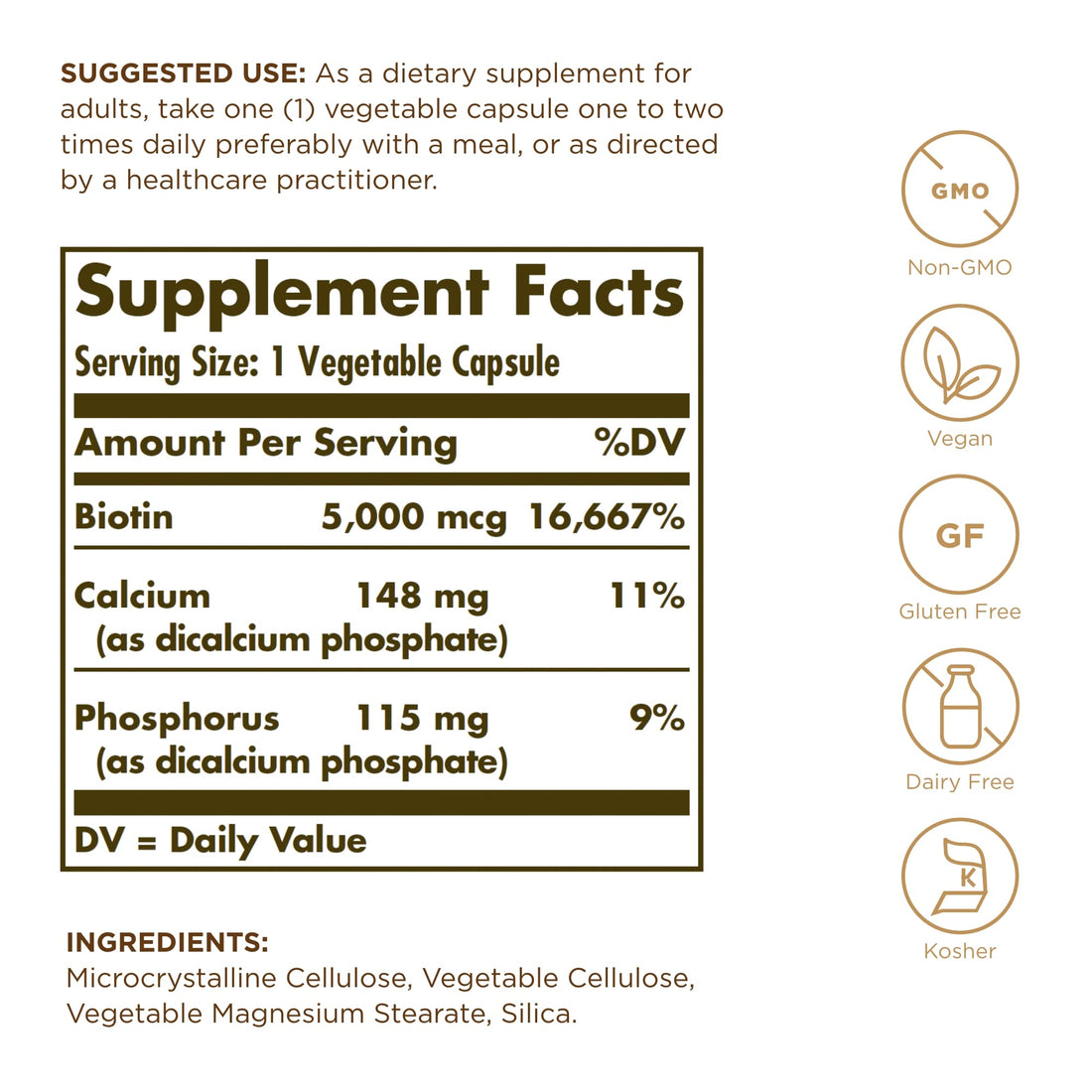 Solgar Biotin 5000 mcg - 100 Vegetable Capsules - Supports Healthy Skin, Nails & Hair - Non-GMO, Vegan, Gluten Free, Dairy Free, Kosher - 100 Servings