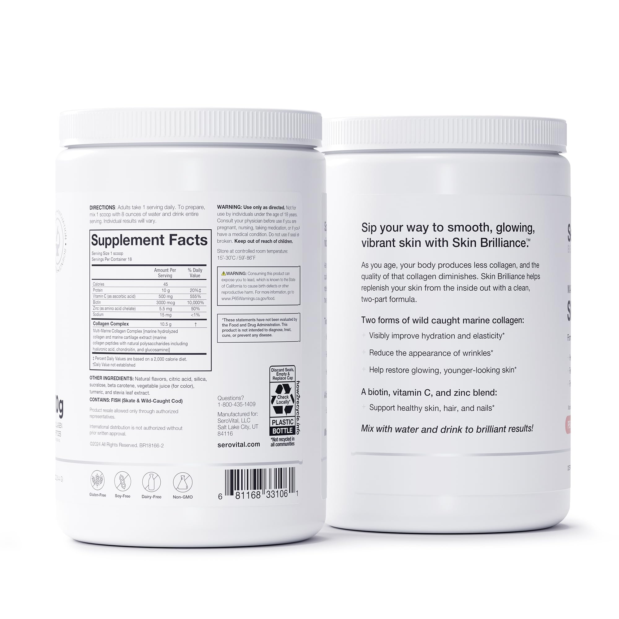 Serovital Skin Brilliance - Marine Collagen Peptides Powder - Hydrolyzed Type I & II Fish Collagen - Skin, Hair & Nails – 8.97 oz