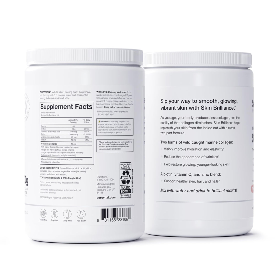 Serovital Skin Brilliance - Marine Collagen Peptides Powder - Hydrolyzed Type I & II Fish Collagen - Skin, Hair & Nails – 8.97 oz