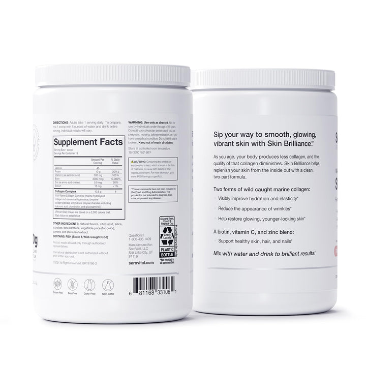 Serovital Skin Brilliance - Marine Collagen Peptides Powder - Hydrolyzed Type I & II Fish Collagen - Skin, Hair & Nails – 8.97 oz