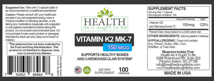Health As It Ought To Be Vitamin K2 MK7 150mcg Supplement | Works with Vitamin D | Soy Free | Tested for Purity and Strength | 100 Capsules
