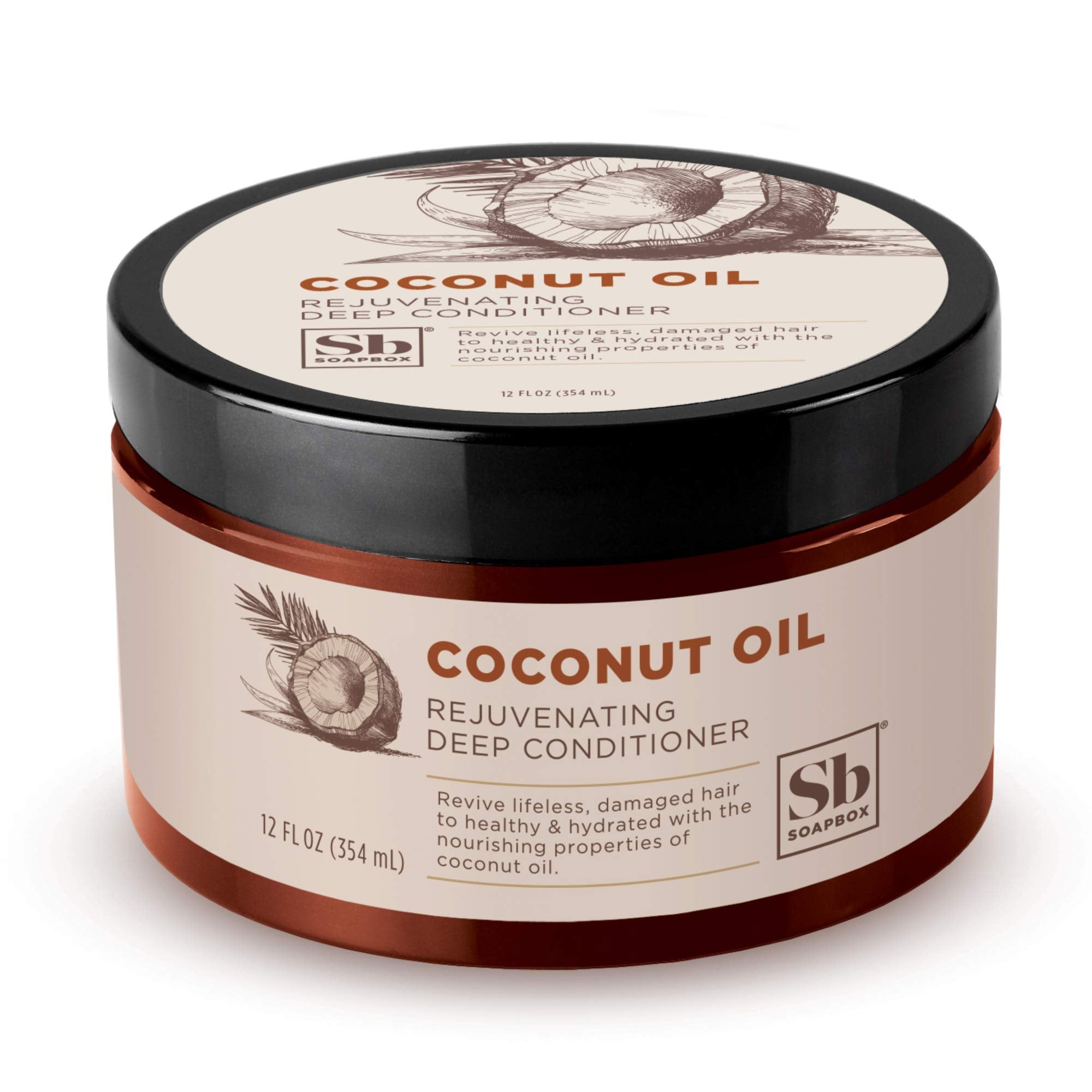 Soapbox Hydrating Coconut Oil Rejuvenationg Deep Conditioner - Treatment for Natural, Curly, Dry or Damaged Hair, Sulfate, Paraben & Cruelty & Silicone Free, Vegan, 12 Fl Oz