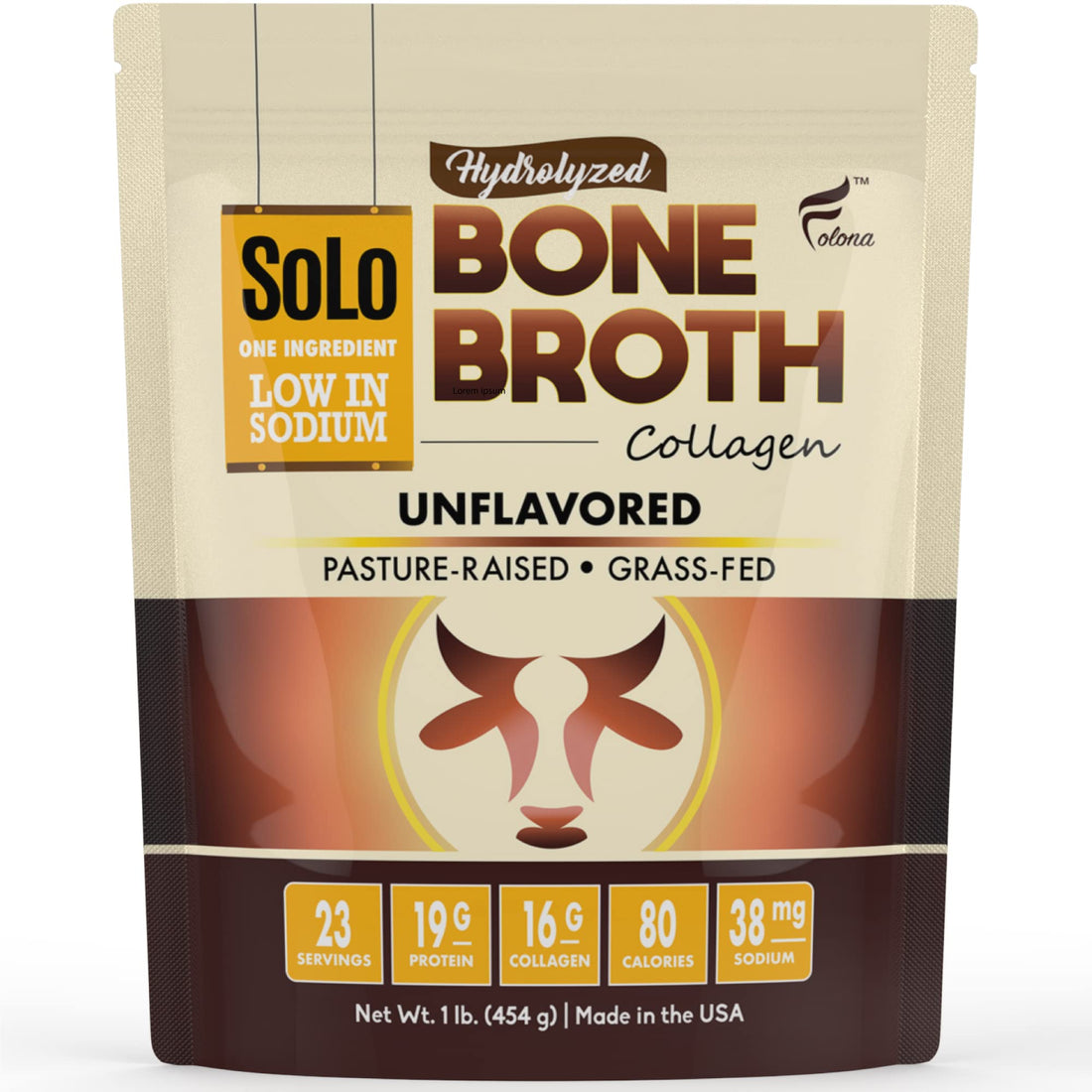 Solo Bone Broth Protein Collagen Powder Low Sodium, 16g Hydrolyzed Collagen Type I & III, for Healthy Skin, Nails, Hair, Joints & Digestion, Grass Fed, 1 lb (Bag - Net Wt. 1 lb. Powder)