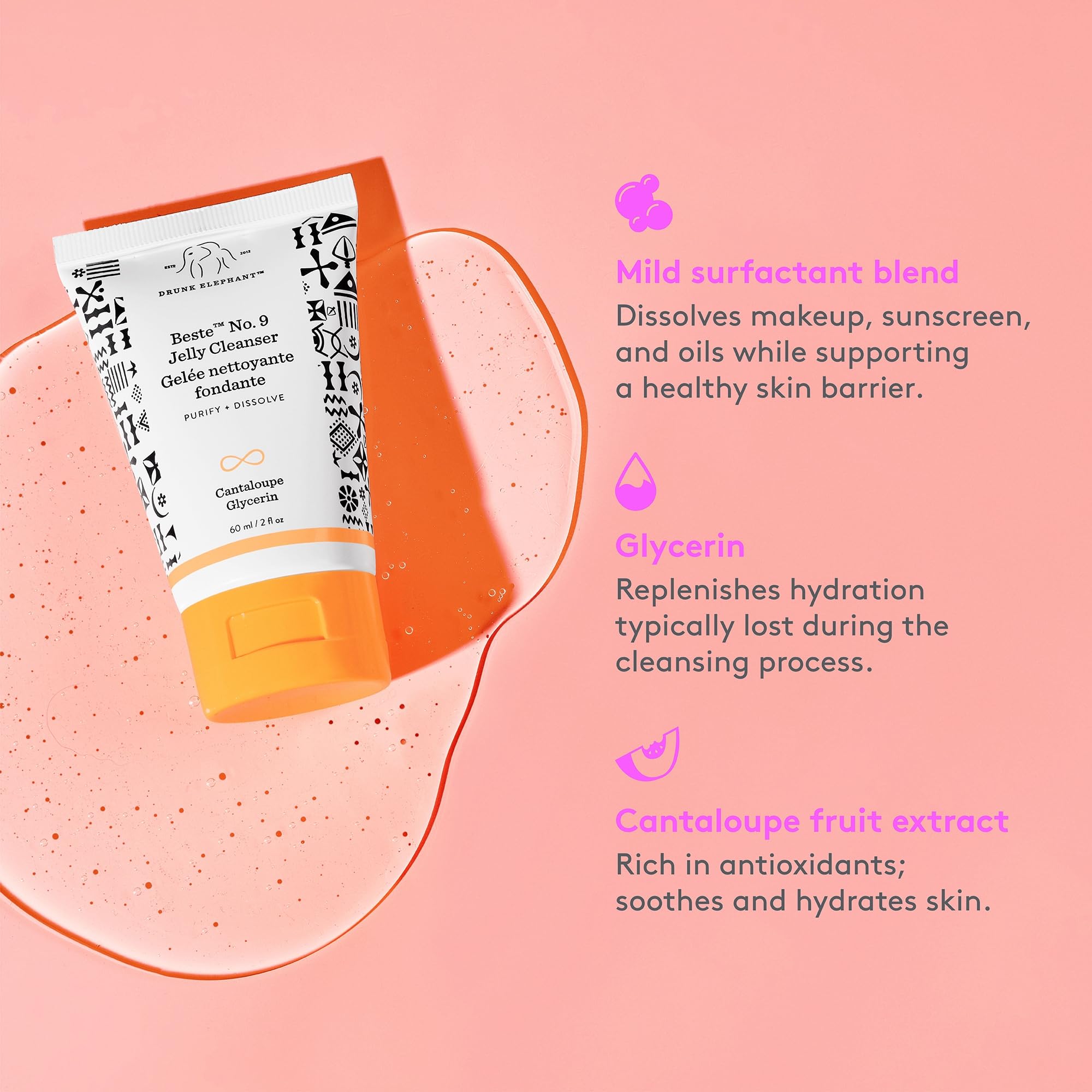 Drunk Elephant Beste No. 9 Jelly Cleanser - 60 ml/2 fl oz - Travel-Size Gel Face Wash - Clean Clinical Skincare - Cruelty-Free - Dermatologist-Tested - Free of Essential Oils, Silicones, and Fragrance