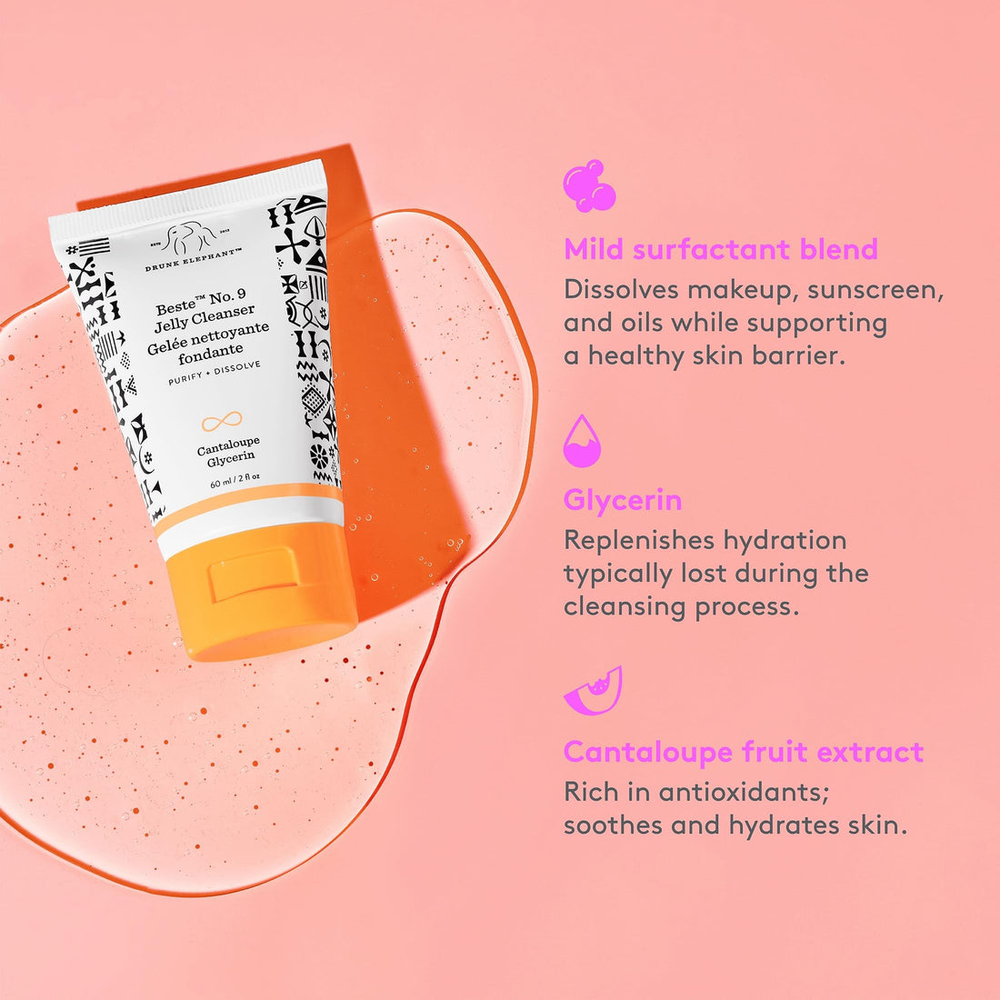 Drunk Elephant Beste No. 9 Jelly Cleanser - 60 ml/2 fl oz - Travel-Size Gel Face Wash - Clean Clinical Skincare - Cruelty-Free - Dermatologist-Tested - Free of Essential Oils, Silicones, and Fragrance