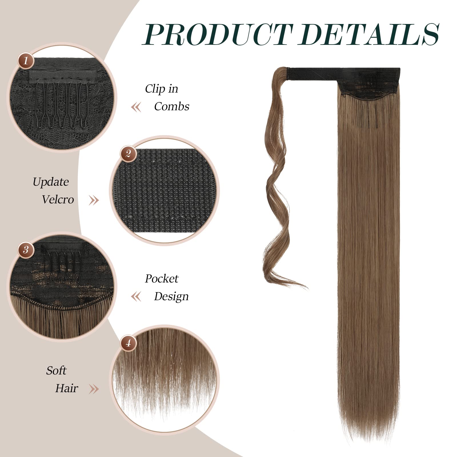 FESHFEN Straight Ponytail Extensions 28 Inch Long Wrap Around Synthetic Hair Piece Clip in Ponytail Hair Extensions Hairpiece for Women Girls 150g