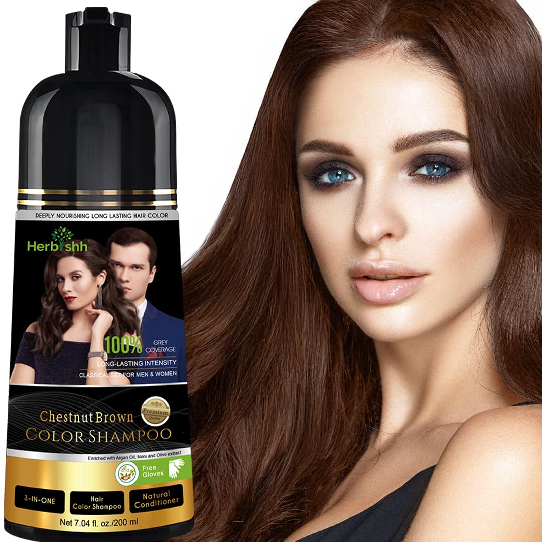 Herbishh Chestnut Brown Shampoo, Hair Dye Shampoo 3 in 1, 100% Grey Coverage, Demi-Permanent Hair Color for Men & Women, Long-lasting Color in 20-25 Mins, Ammonia-free, 200 ml