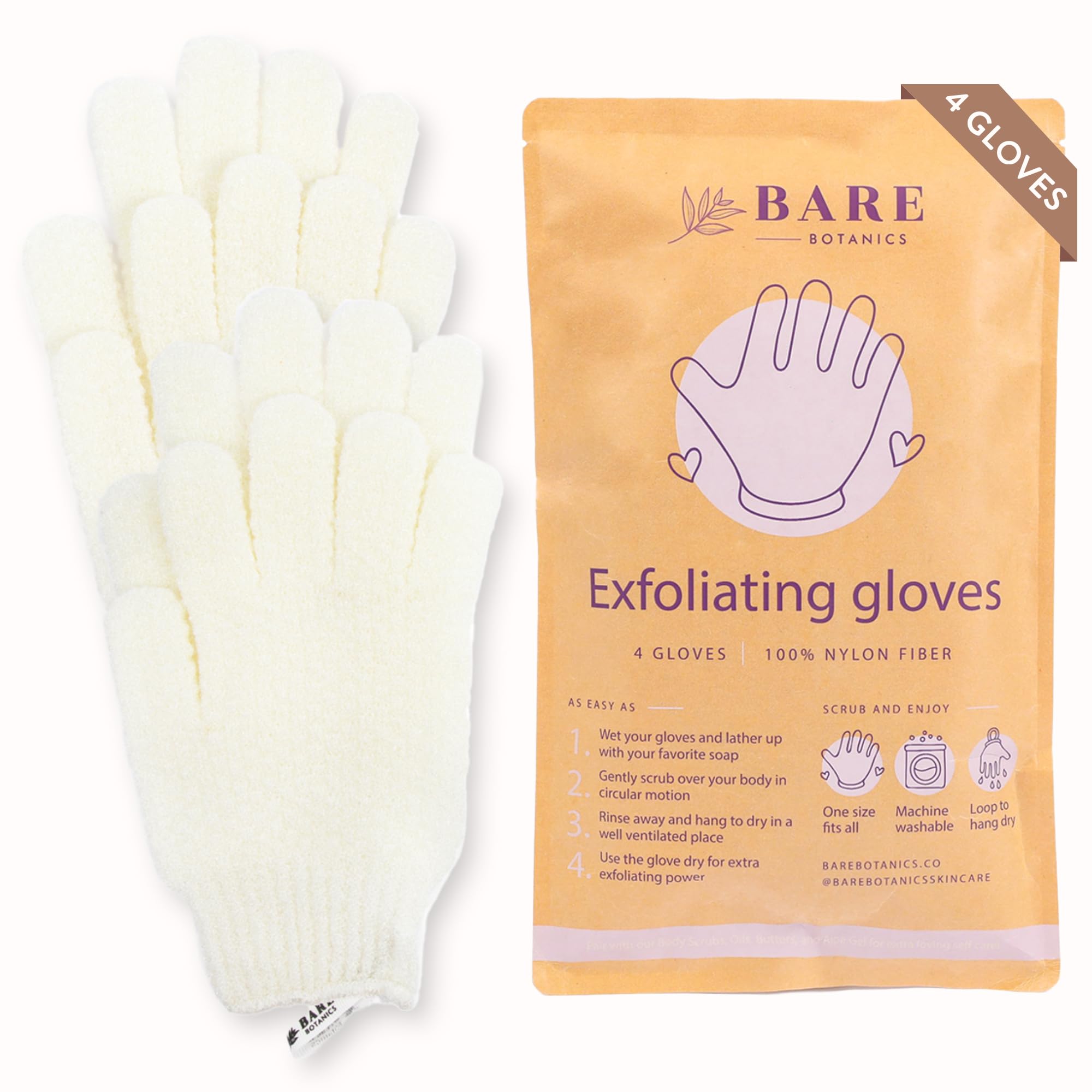 Bare Botanics 4 Pack Exfoliating Gloves for Shower (White) - 100% Nylon Fibers - Exfoliating Bath Gloves - Shower Scrubber & Dead Skin Remover - Perfect for Wet & Dry Exfoliation