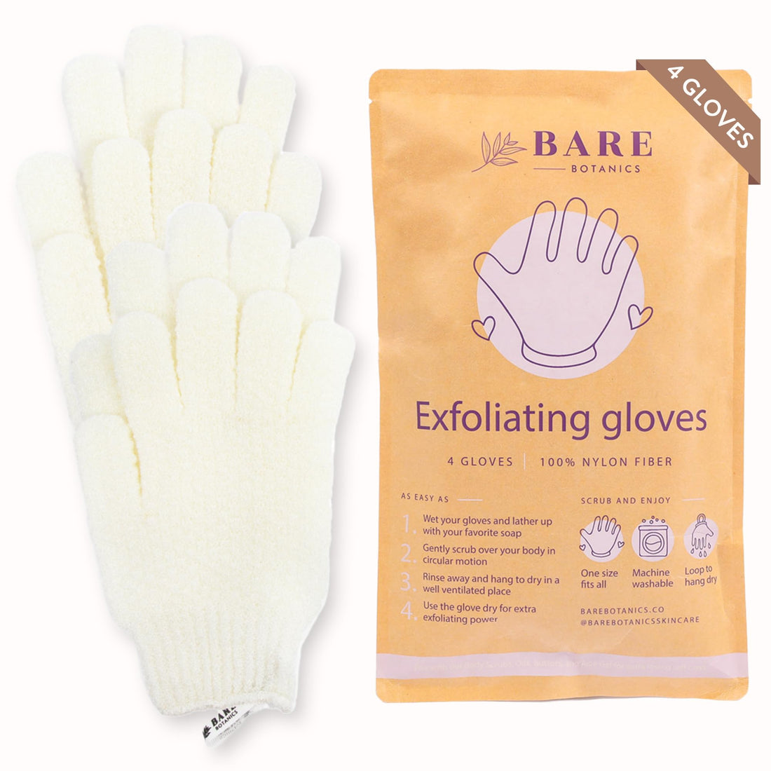 Bare Botanics 4 Pack Exfoliating Gloves for Shower (White) - 100% Nylon Fibers - Exfoliating Bath Gloves - Shower Scrubber & Dead Skin Remover - Perfect for Wet & Dry Exfoliation