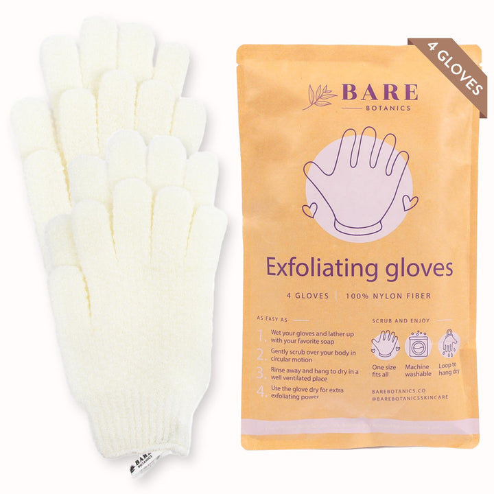 Bare Botanics 4 Pack Exfoliating Gloves for Shower (White) - 100% Nylon Fibers - Exfoliating Bath Gloves - Shower Scrubber & Dead Skin Remover - Perfect for Wet & Dry Exfoliation