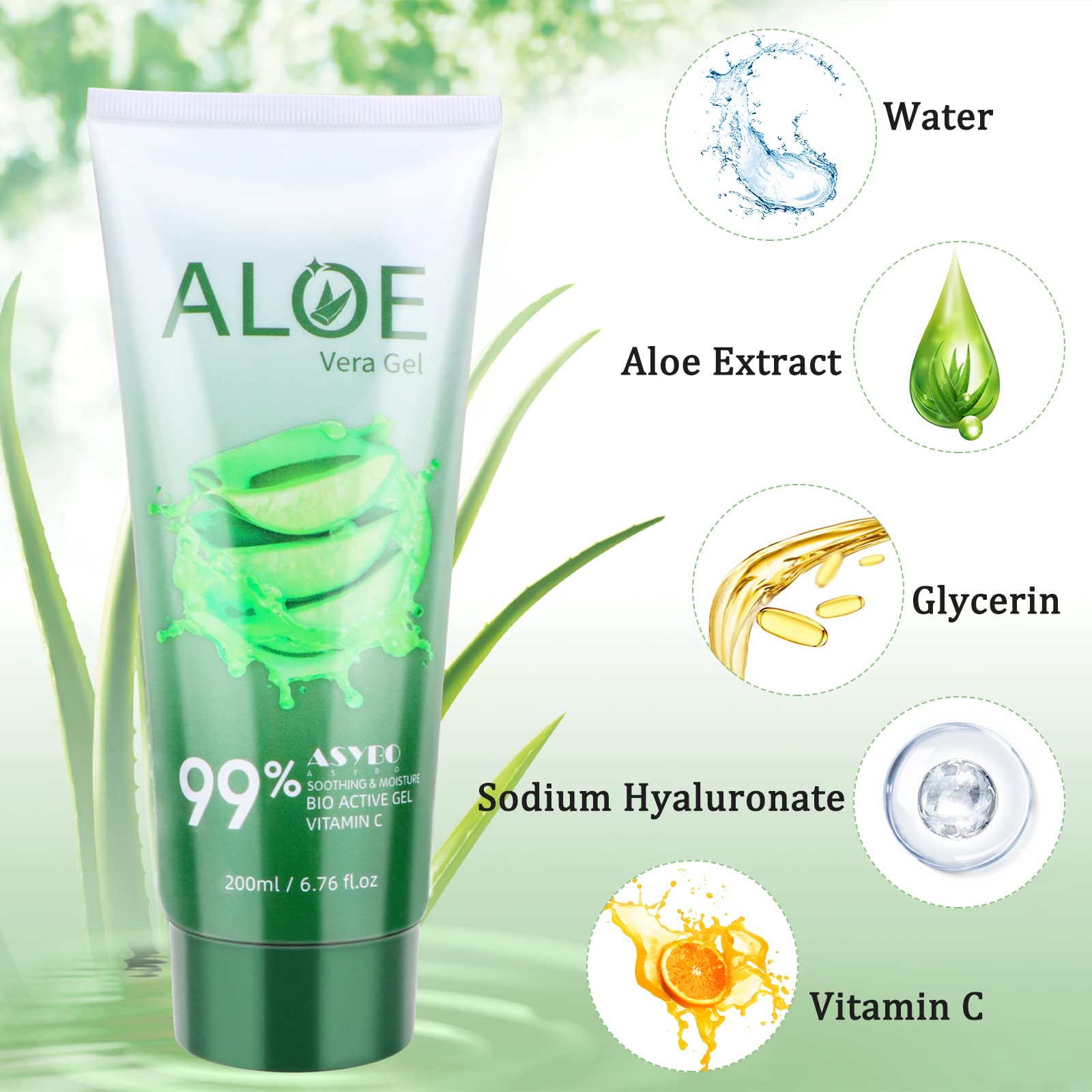 ASYBO 200x2 ML Aloe Vera Gel – 99% Organic Pure Aloe Vera Hydrating Face & Body Moisturizer, Natural Aloe Cream for Dry Skin, Sunburn, Acne, Soothing & Moisturizing