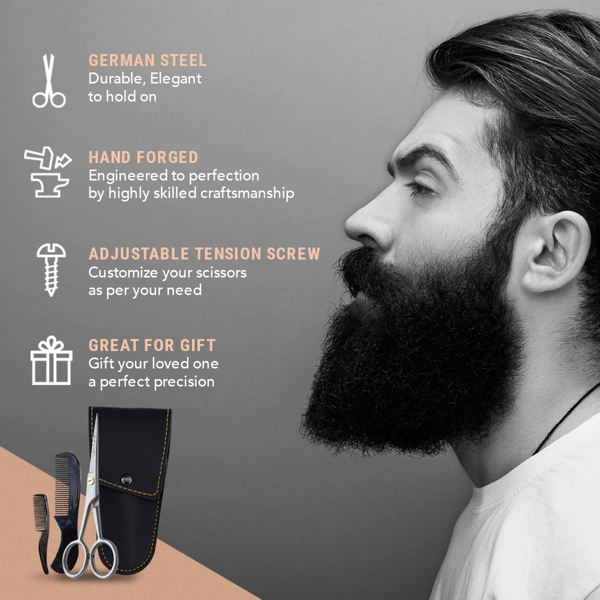 Professional Beard Mustache Hair Trimming Grooming Cutting Scissors Shears Comb Tool Kit Leather Case for Men