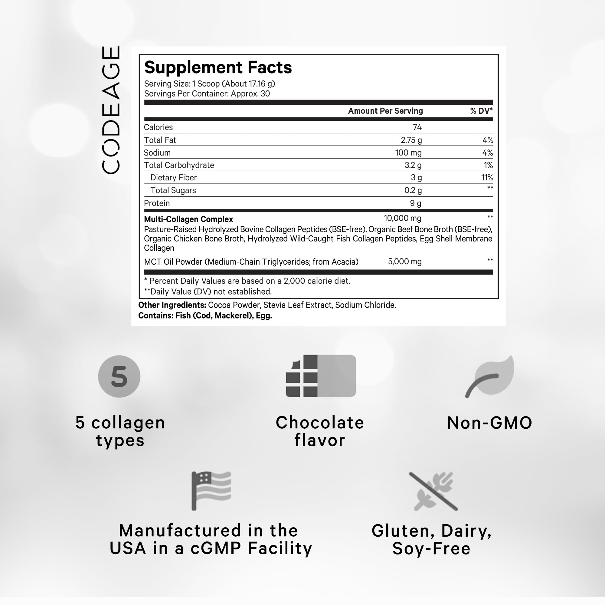 Codeage Multi Collagen Chocolate Protein Powder - Hydrolyzed Bovine Collagen Peptides, 5 Collagen Types & MCT Oil - Collagen Creamer, Chocolate Collagen Peptides - Protein Shakes - Non-GMO - 18.17 oz