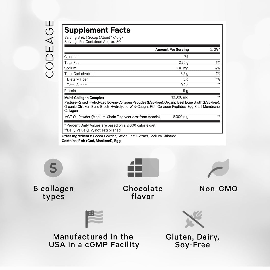 Codeage Multi Collagen Chocolate Protein Powder - Hydrolyzed Bovine Collagen Peptides, 5 Collagen Types & MCT Oil - Collagen Creamer, Chocolate Collagen Peptides - Protein Shakes - Non-GMO - 18.17 oz