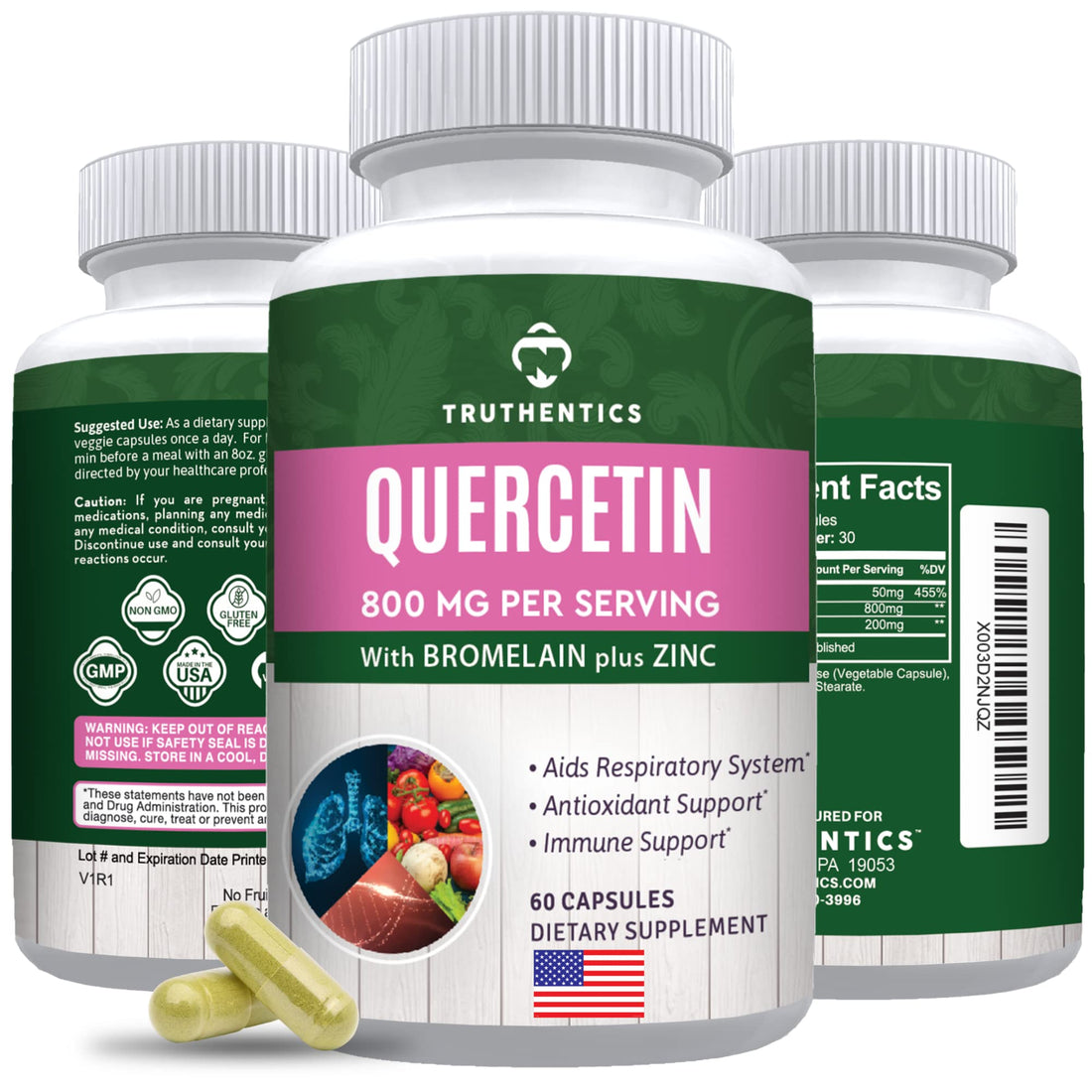 TRUTHENTICS Quercetin with Bromelain and Zinc 1050mg - Premium Zinc Quercetin Supplements for Immune, Respiratory & Seasonal Support - Non-GMO, Gluten Free - 60 Veggie Capsules