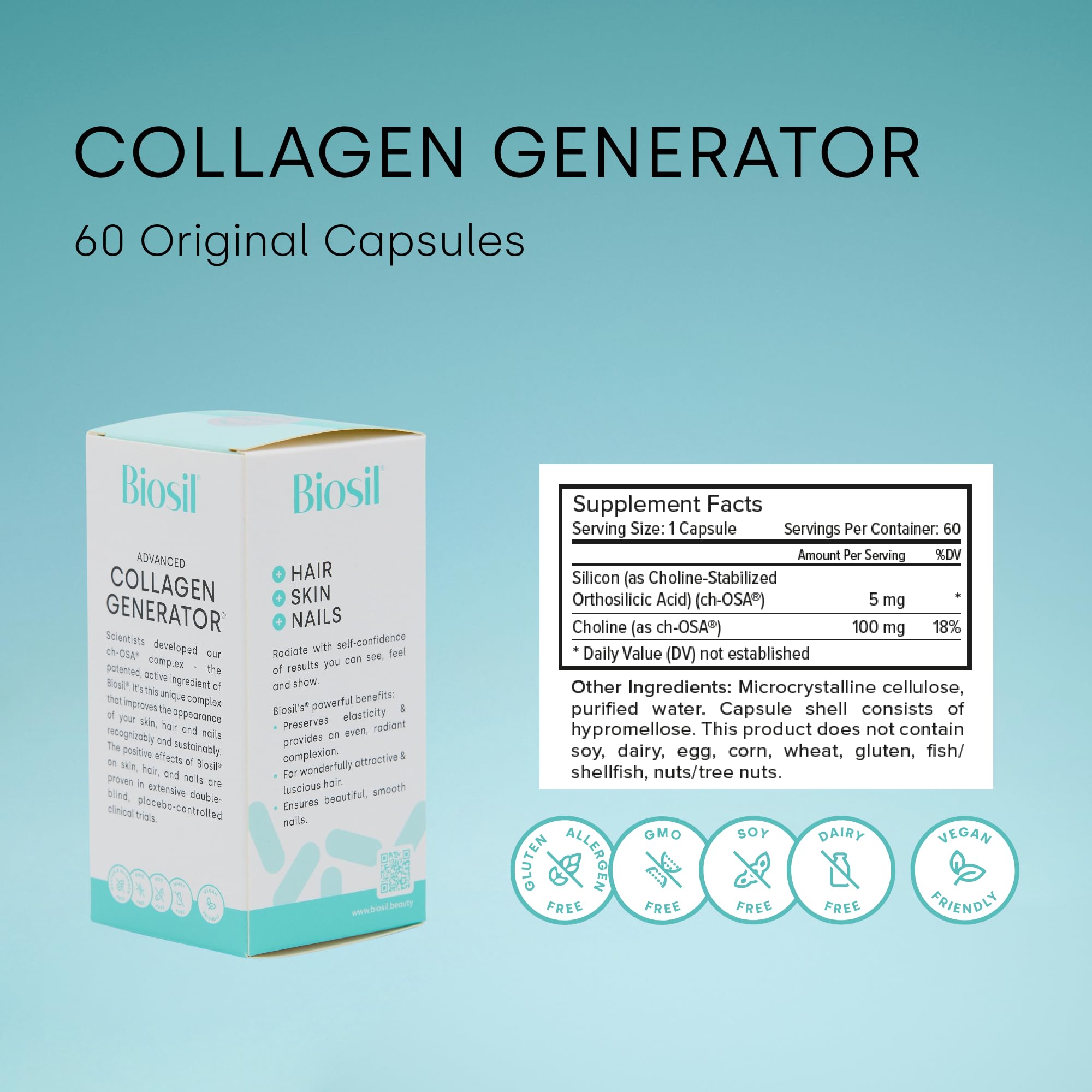 Biosil Collagen Generator - 60 Original Capsules, Pack of 2 - with Patented ch-OSA Complex - Generates & Protects Your Own Collagen - GMO Free - 60-Day Supply