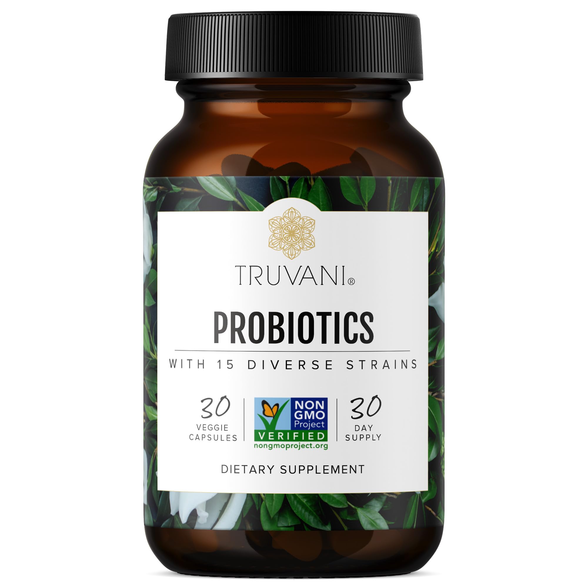 Truvani Probiotic Supplement | 30 Servings | 15 Billion CFU | 15 Diverse Strains for Digestive, Immune & Brain Health Support | Shelf-Stable Vegan Capsules | Non-GMO, No Fillers