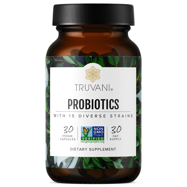 Truvani Probiotic Supplement | 30 Servings | 15 Billion CFU | 15 Diverse Strains for Digestive, Immune & Brain Health Support | Shelf-Stable Vegan Capsules | Non-GMO, No Fillers