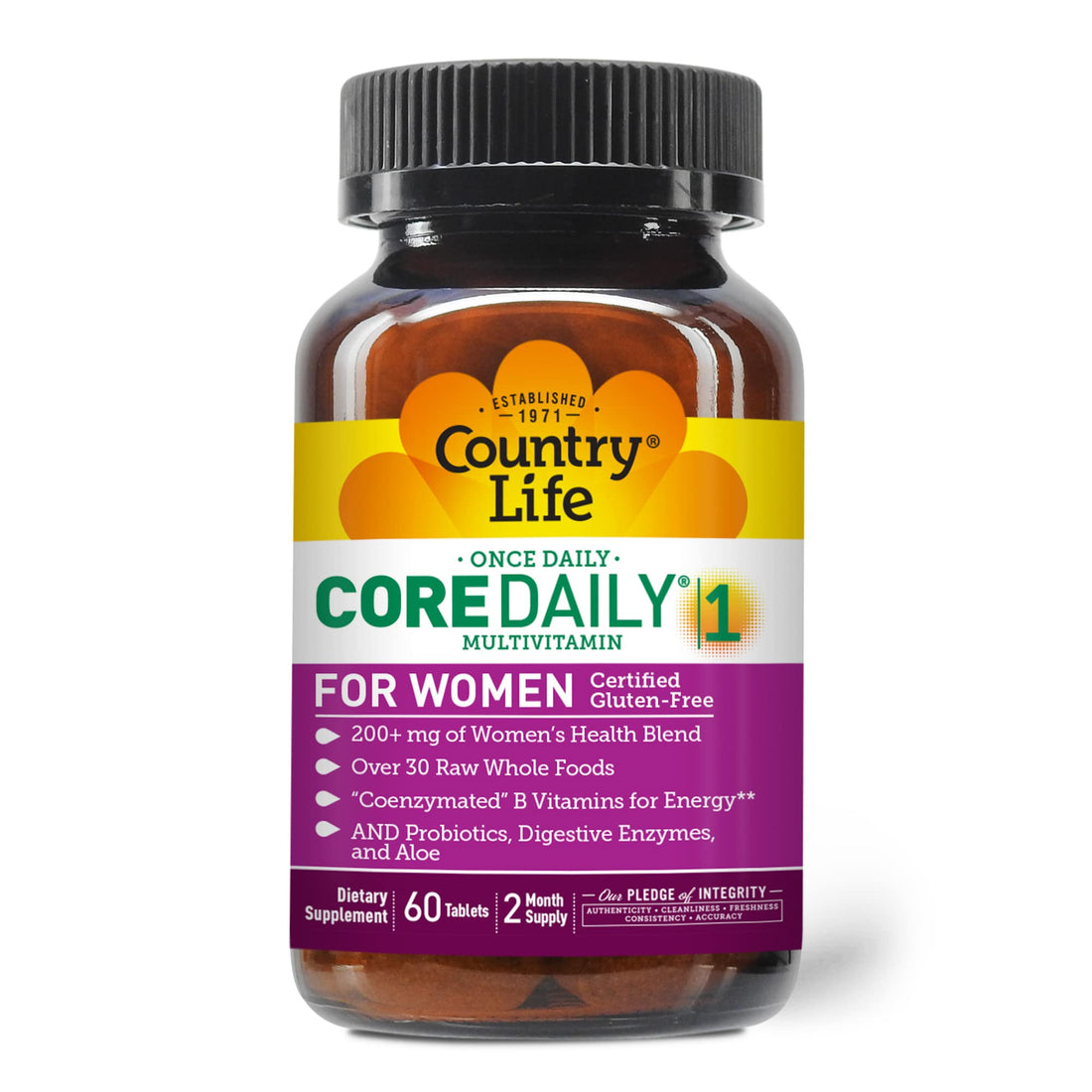 Country Life Women’s Core 1 Daily Multivitamin with Iron, Cranberry, Probiotics, and Digestive Enzymes-Certified Gluten-Free Formula for Energy, Immune Support and Complete Digestive Health,60 Tablets