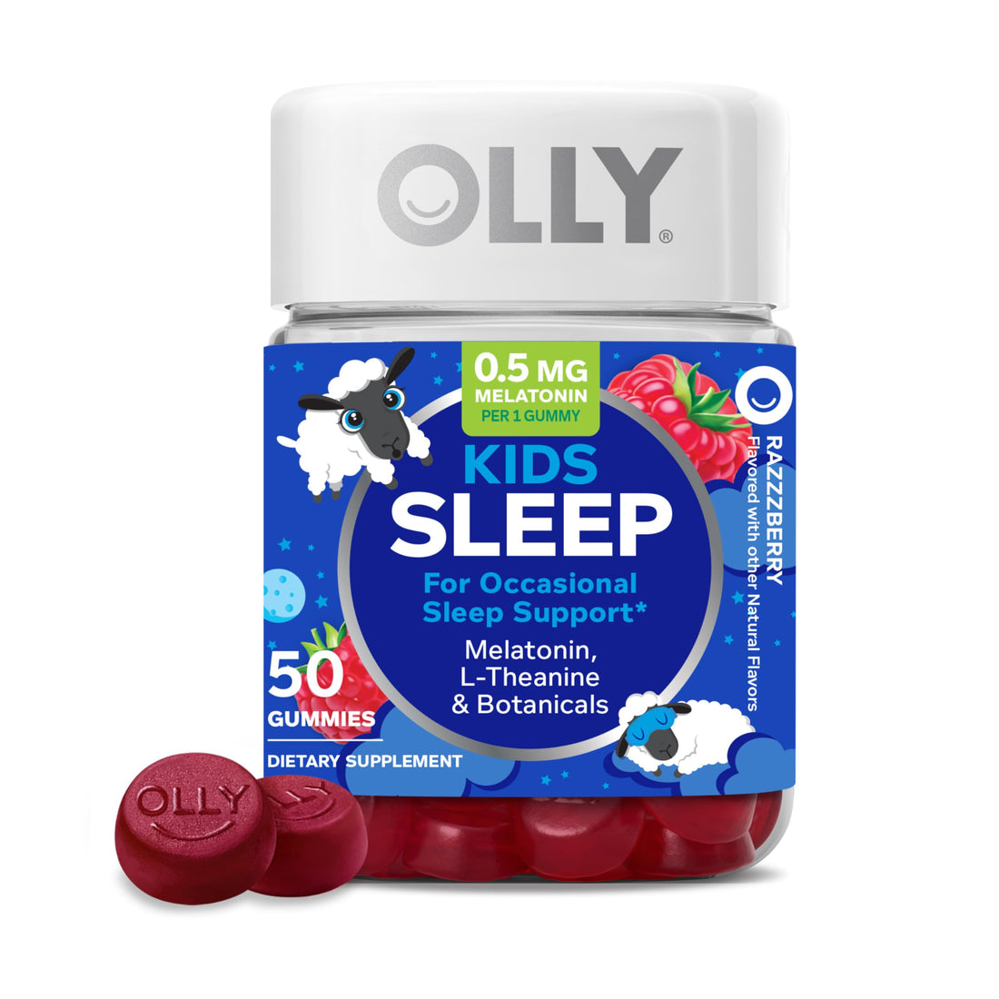 OLLY Kids Sleep Gummy, 0.5mg Melatonin, L Theanine, Chamomile, and Lemon Balm, Childrens Chewable Supplement, Raspberry - 50 Count