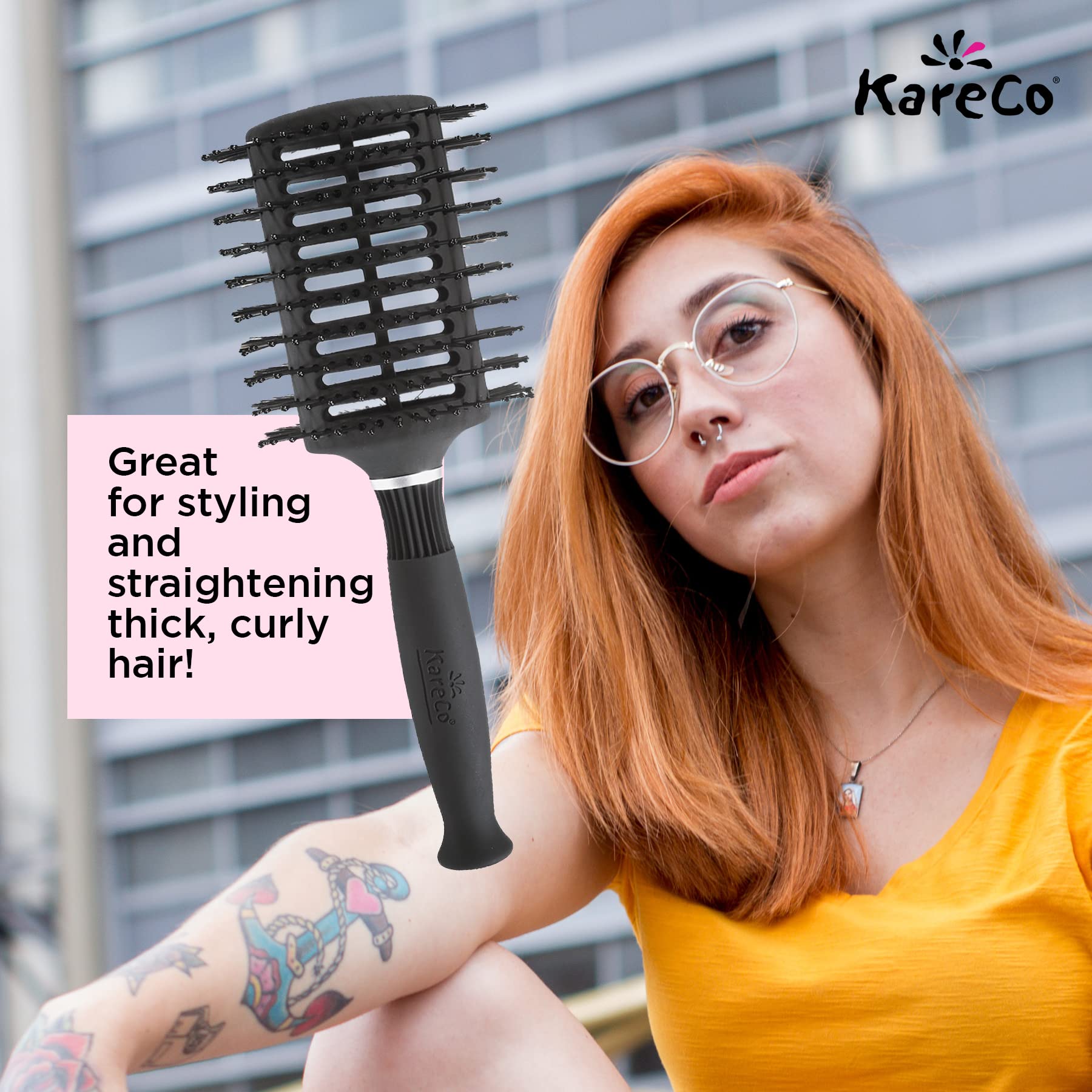 KareCo Oval Vent Brush, Dual Natural Boar Bristles And Soft Nylon Ball Tipped Pins, Vented, Ergonomic Grip, Black Color