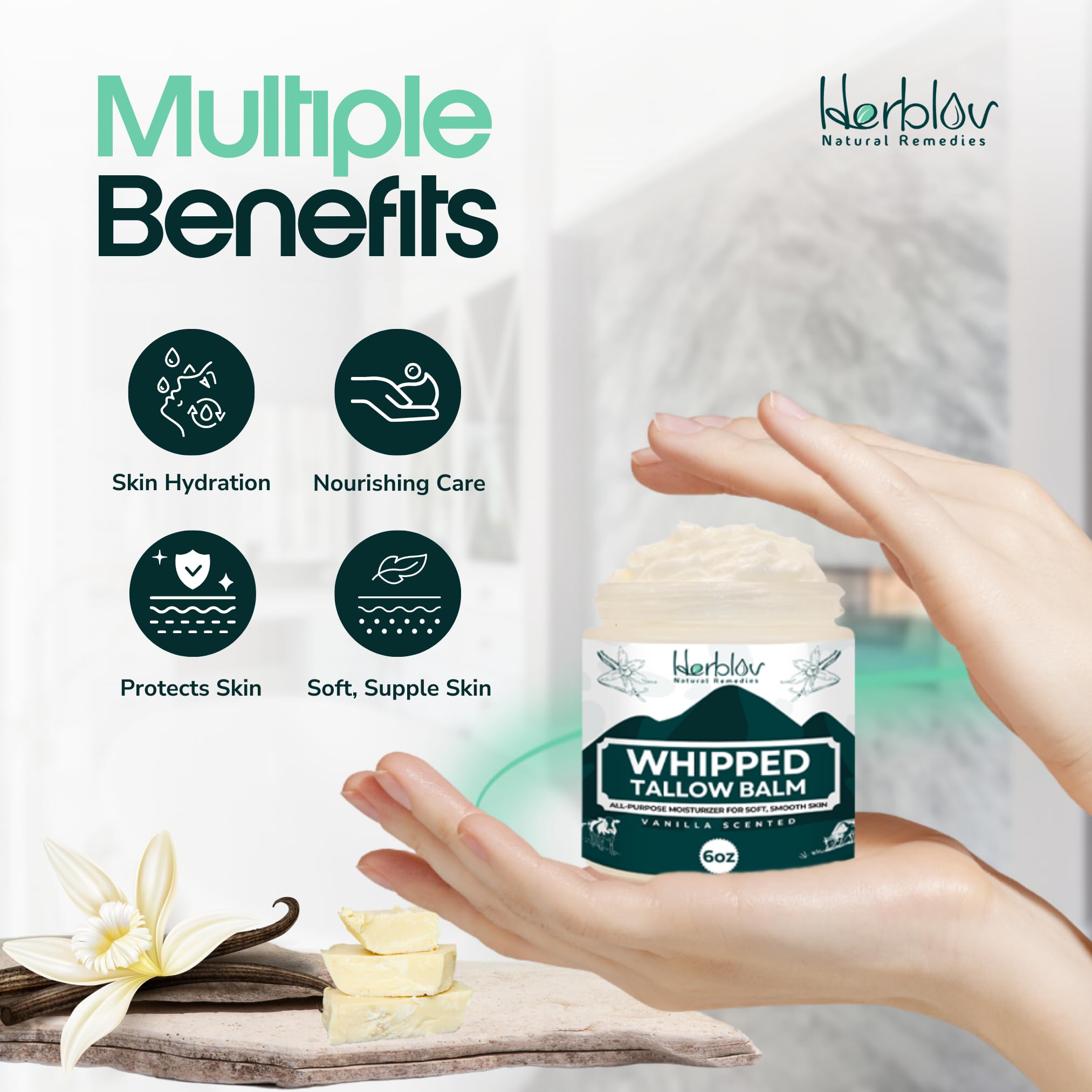 Beef Tallow Balm – Natural Grass Fed Whipped Tallow and Honey All Purpose Balm – Moisturizing Face and Body Lotion for Eczema, Cracked, Dry, Itchy, Irritated Skin – Skin Repair Made in USA (Vanilla)