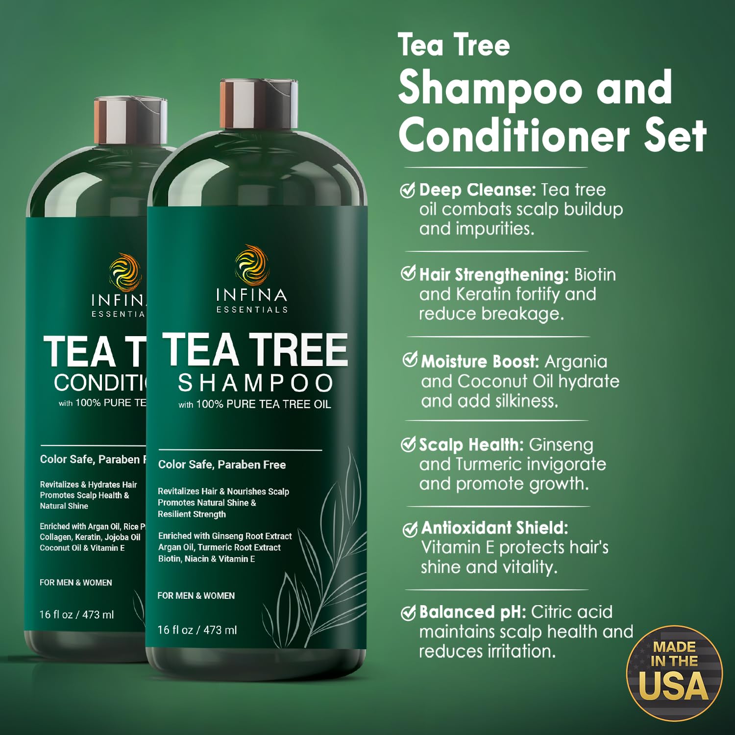Tea Tree Shampoo and Conditioner Set - Deep Cleansing, Strengthening and Shine-Boosting Formula for Dry Scalp - For Men & Women - 16 fl oz each