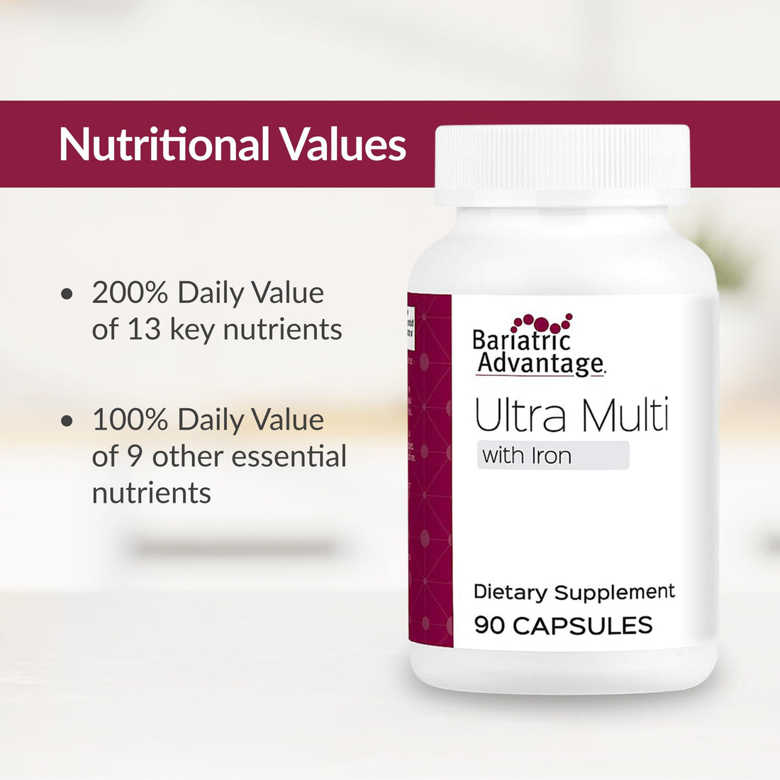 Bariatric Advantage Ultra Multivitamin with Iron - Ultra Multi with Iron - Capsule Format Multivitamin - Provides Full Complex of B Vitamins - with Vitamin C, Chromium & More - 90 Capsules