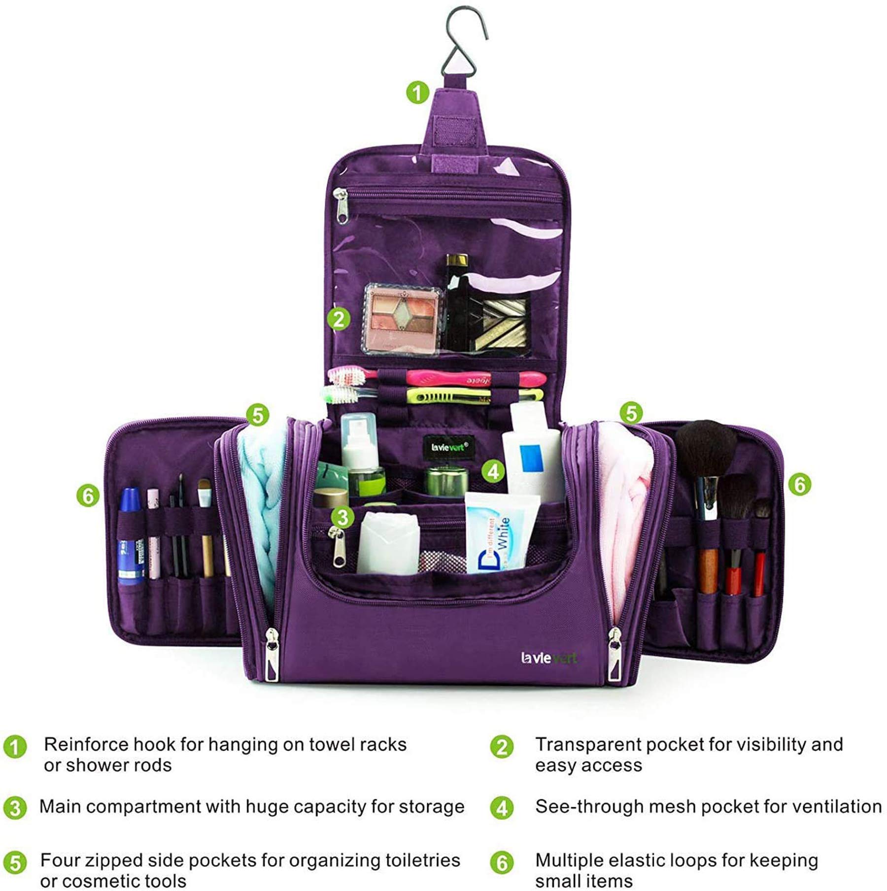 Lavievert Toiletry Bag / Makeup Organizer / Cosmetic Bag / Portable Travel Kit Organizer / Household Storage Pack / Bathroom Storage with Hanging for Business, Vacation, Household - Purple