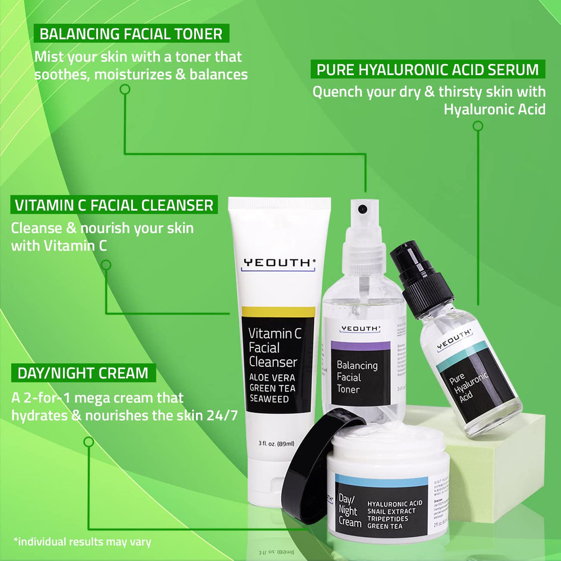 YEOUTH Teen Skin Kit Starter Set - Anti Aging Beauty Essentials - Vitamin C Facial Cleanser - Balancing Facial Toner for Face - Pure Hyaluronic Acid Serum - Day and Night Snail Cream Moisturizer